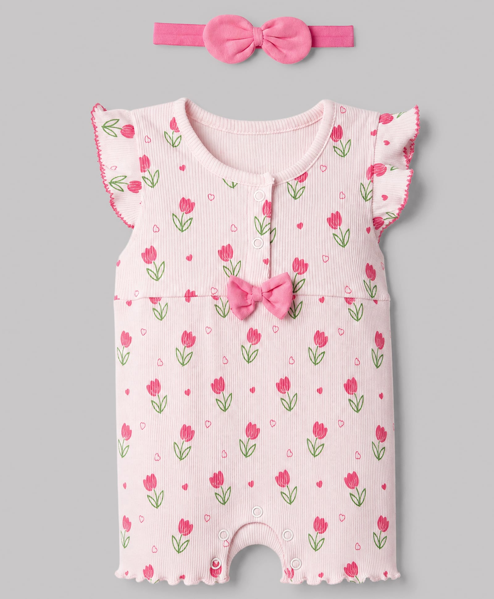 Babyhug 100% Cotton Interlock Knit Full Sleeves Romper with Floral Print & Hairband - Pink-image-49