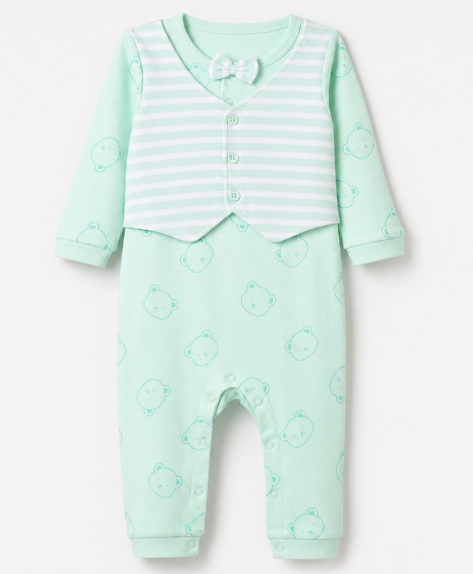 Babyhug Interlock Woven Full Sleeves Bear Printed Partywear Romper with Attached Waist Coat & Bow - Sea Green-image-14