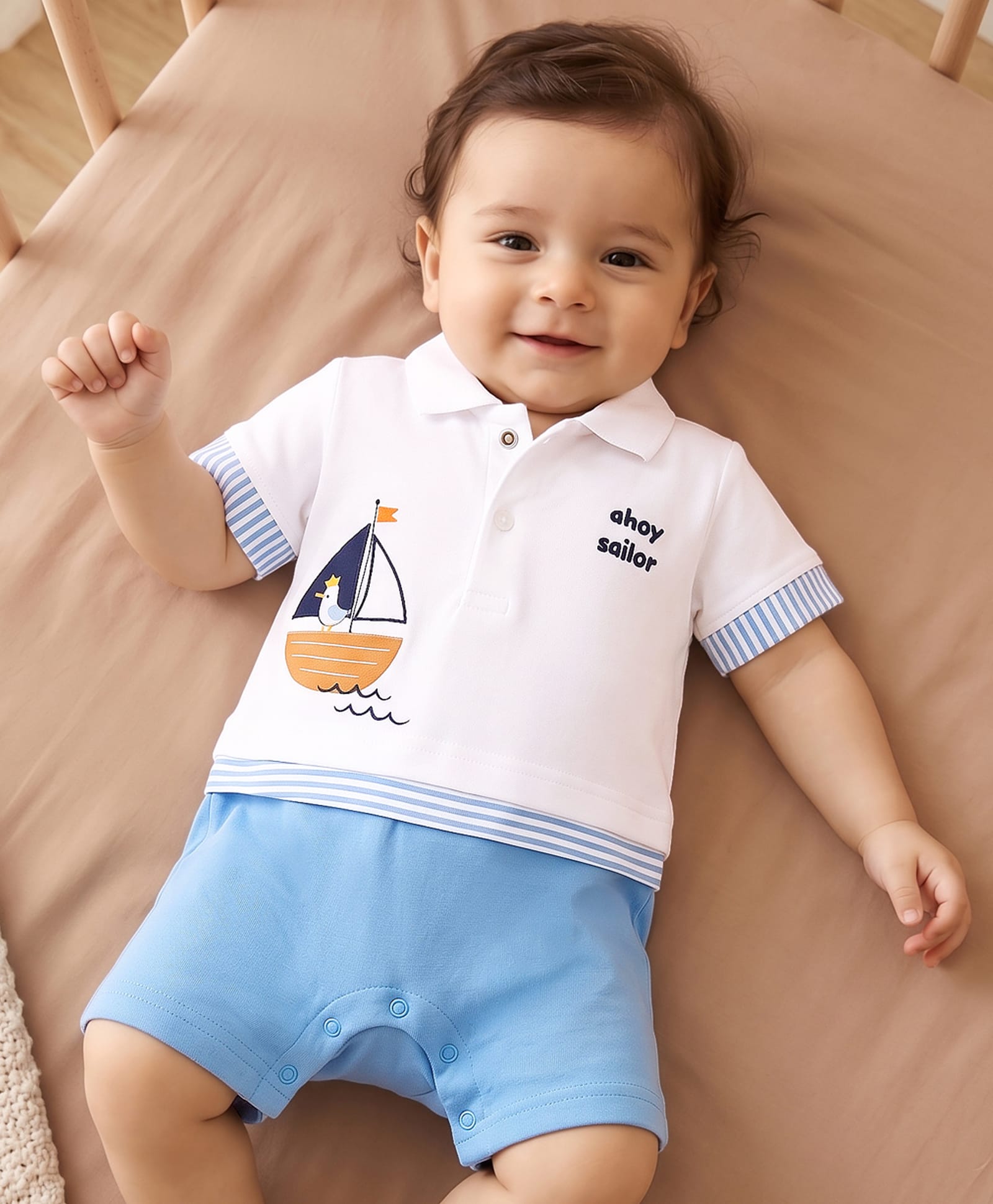 Babyhug 100% Cotton Interlock Knit Half Sleeves Polo Collar Romper With Boat Print - Sky-image-10