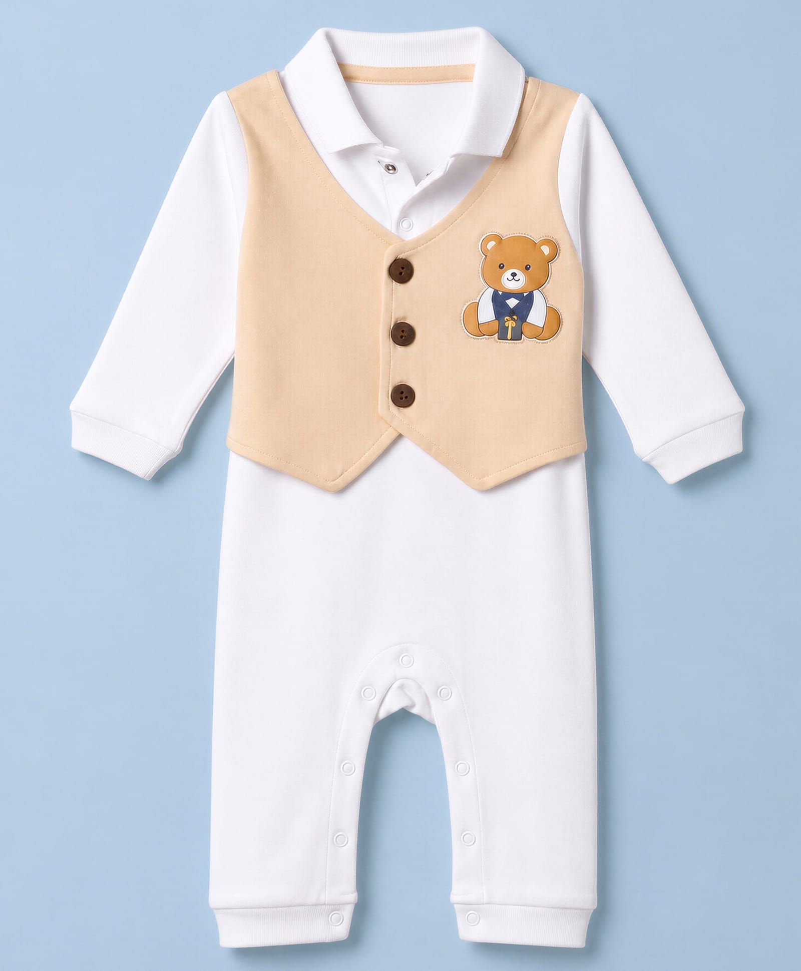 Babyhug Interlock Woven Full Sleeves Party Romper with Bear Patch - White-image-11