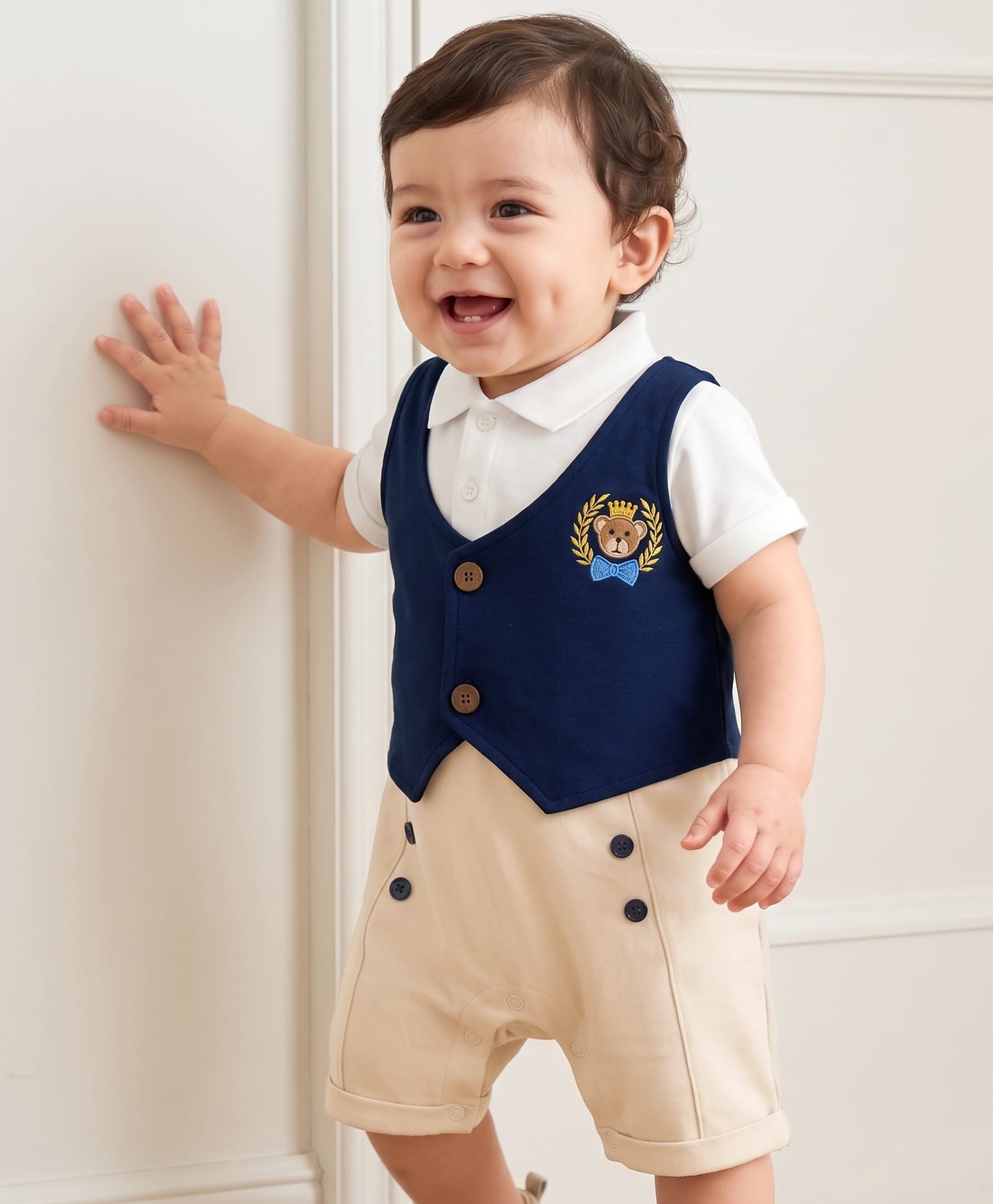 Babyhug Interlock Knit Half Sleeves Bear Embroidered Party Romper - Navy Blue-picture-11