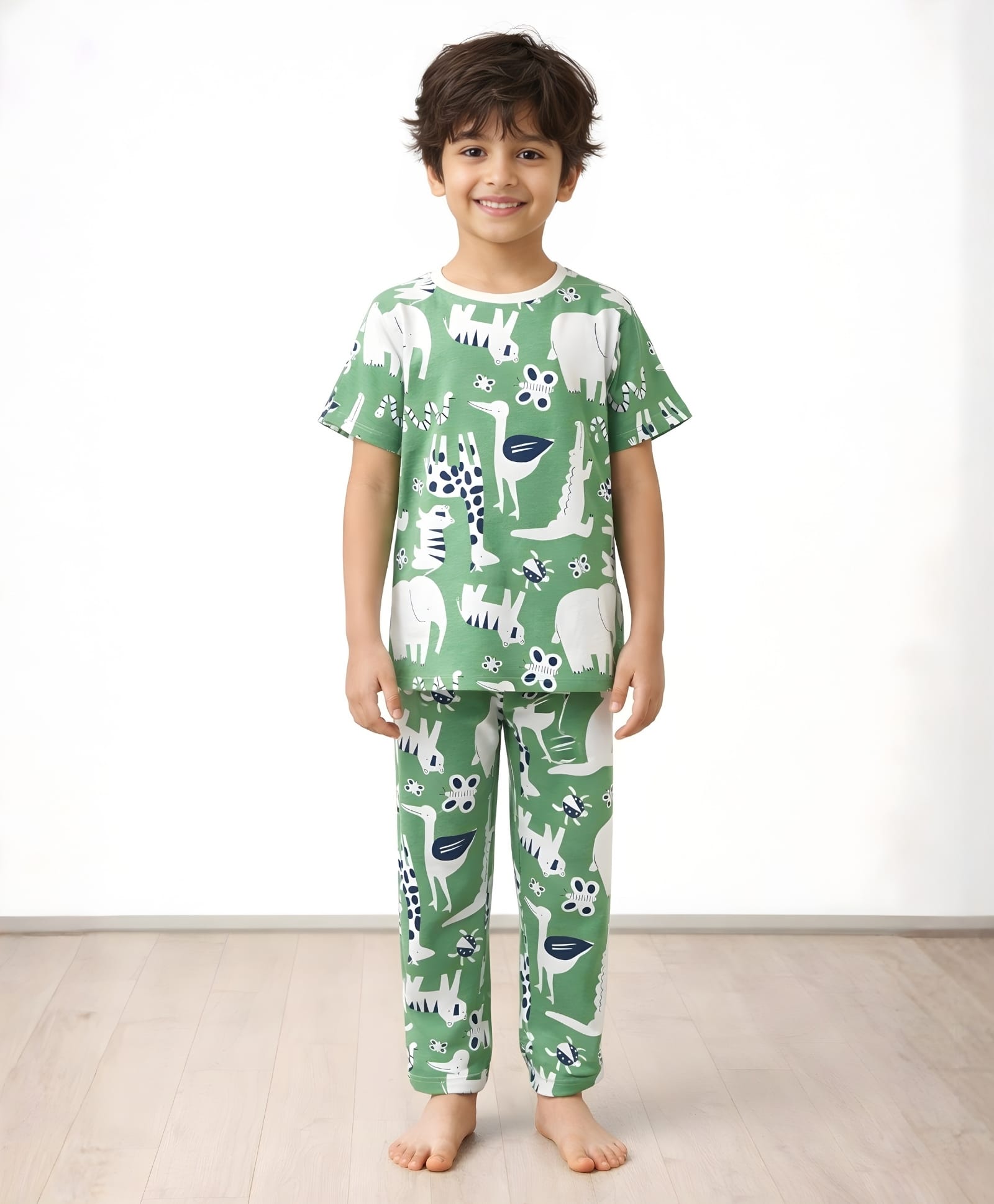 Anthrilo Pure Cotton Knit Half Sleeves Animal Printed Coordinating Tee & Pant Night Suit - Green-picture-45