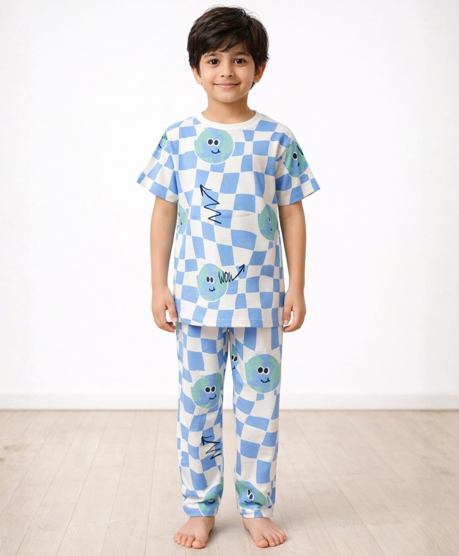 Anthrilo Pure Cotton Knit Half Sleeves Checked & Earth Printed Coordinating Tee & Pant Night Suit - White-picture-9