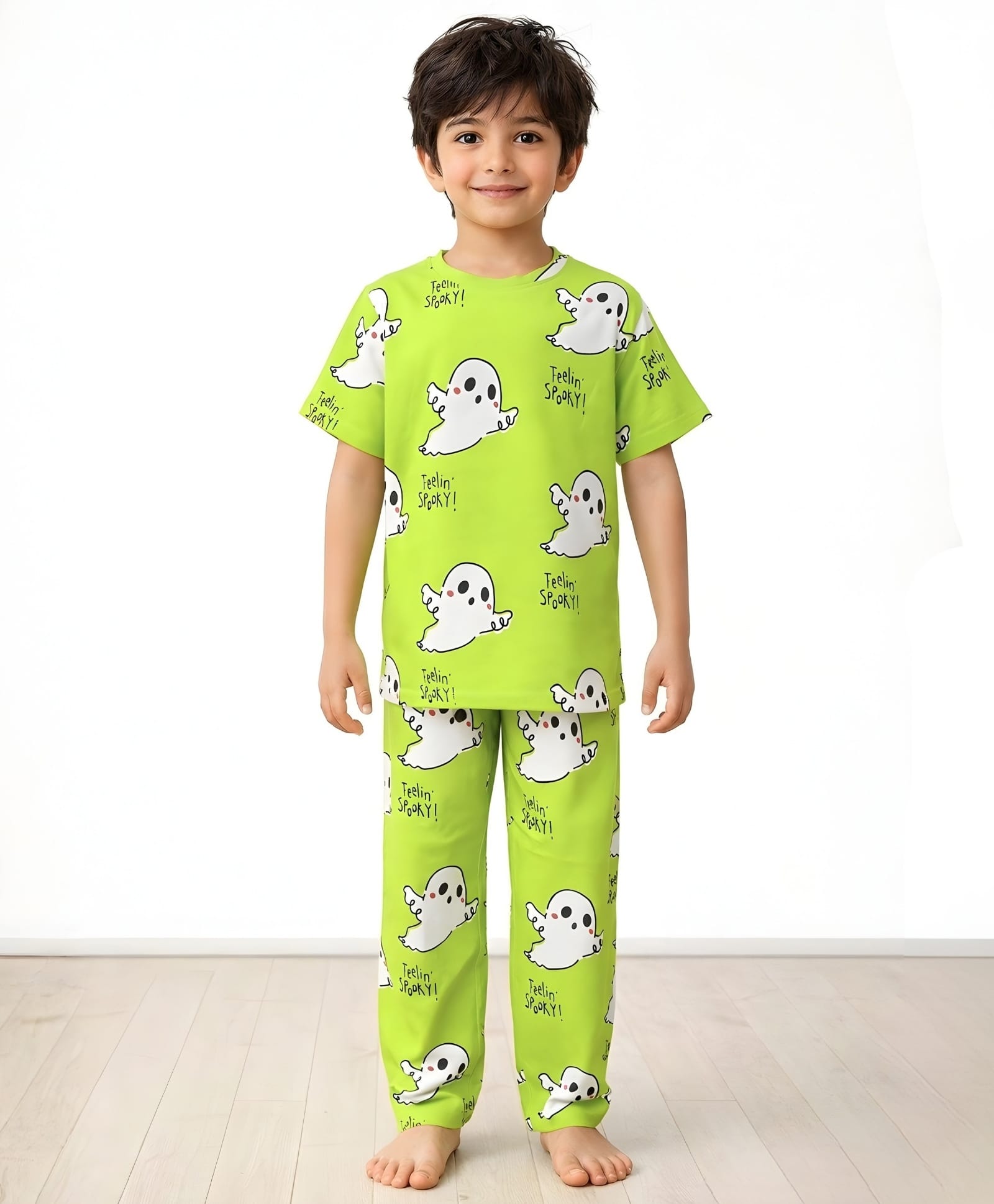 Anthrilo Pure Cotton Knit Half Sleeves Ghosts Printed Coordinating Tee & Pant Night Suit - Lime Green-picture-8