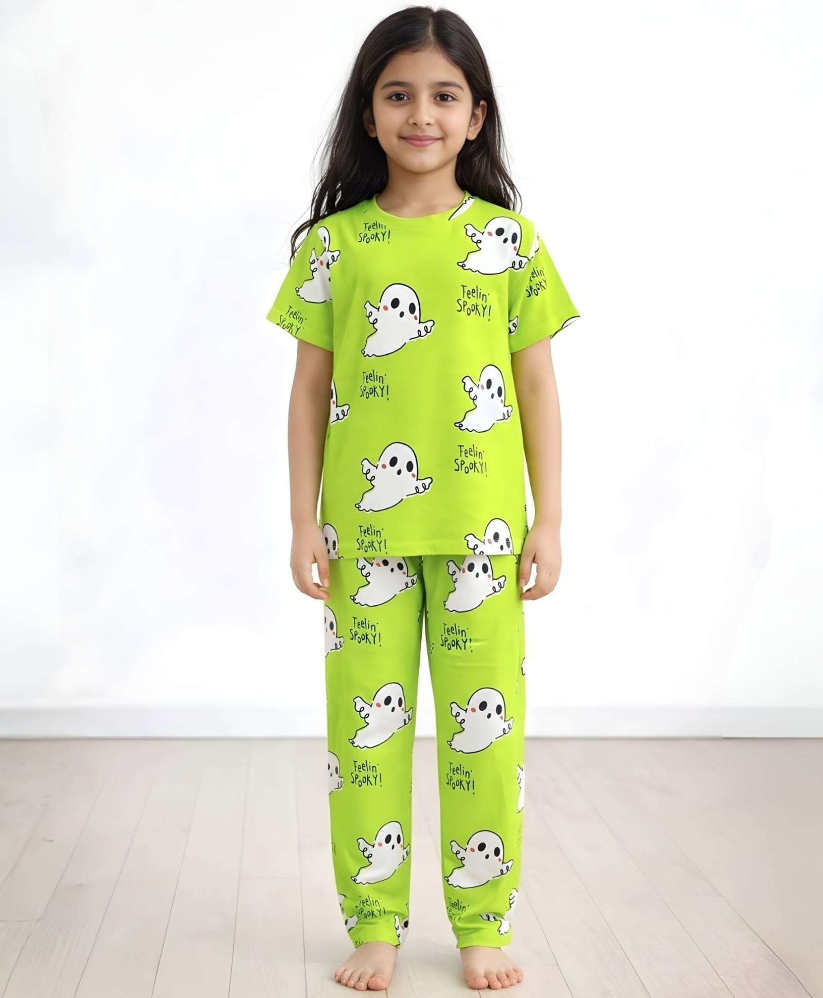 Anthrilo Pure Cotton Knit Half Sleeves Ghosts Printed Coordinating Tee & Pant Night Suit - Lime Green-picture-28