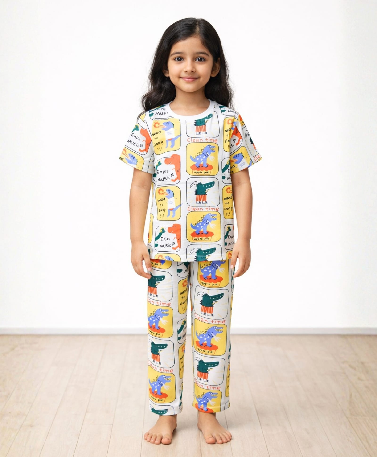 Anthrilo Pure Cotton Knit Half Sleeves Dinosaur Printed Coordinating Tee & Pant Night Suit - White-picture-3