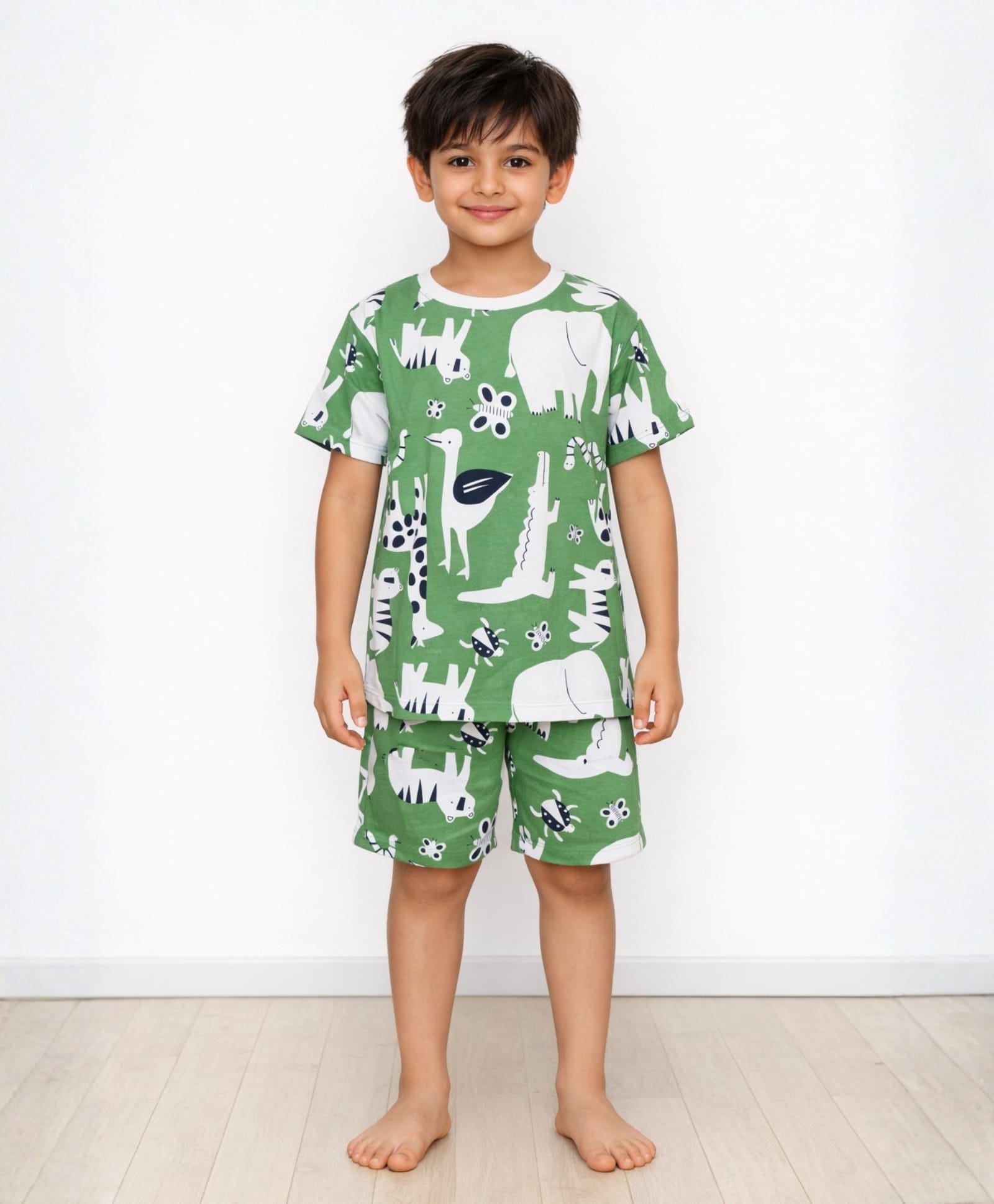 Anthrilo Pure Cotton Knit Half Sleeves Animals Printed Coordinating Tee & Shorts Night Suit - Green-picture-25