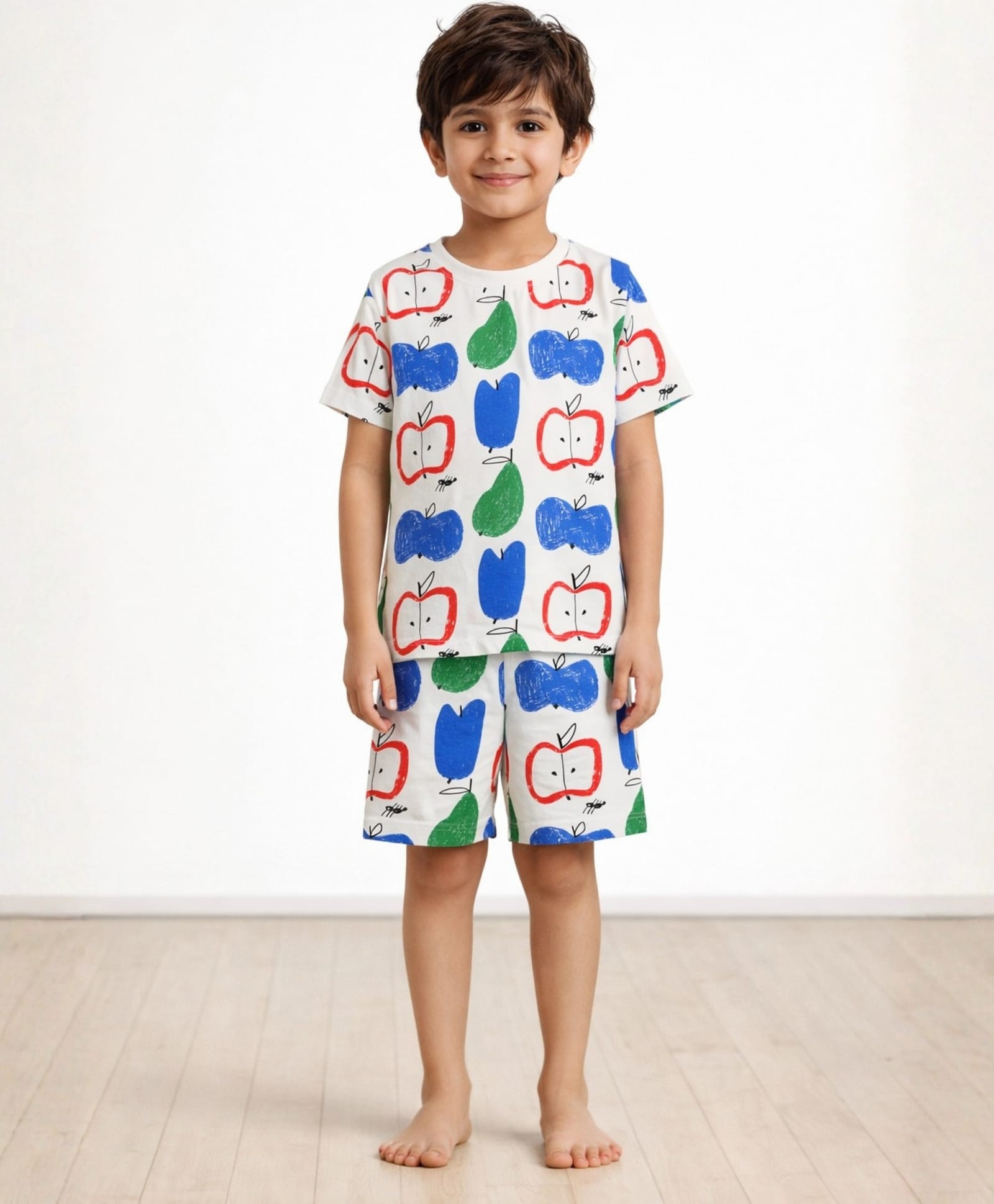 Anthrilo Pure Cotton Knit Half Sleeves Fruits Printed Coordinating Tee & Shorts Night Suit - White-picture-4
