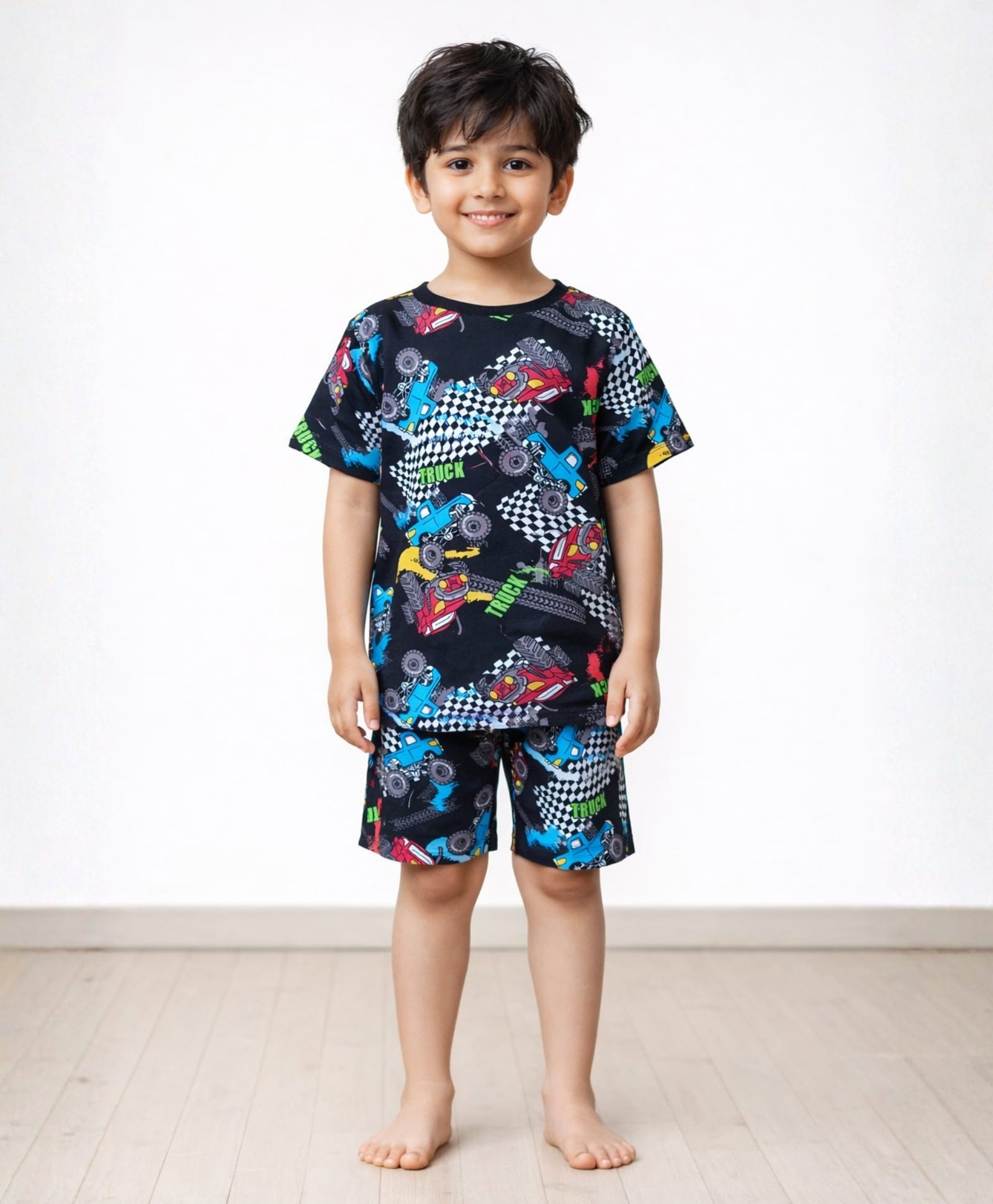 Anthrilo Pure Cotton Knit Half Sleeves Monster Trucks Printed Coordinating Tee & Shorts Night Suit - Black-image-8
