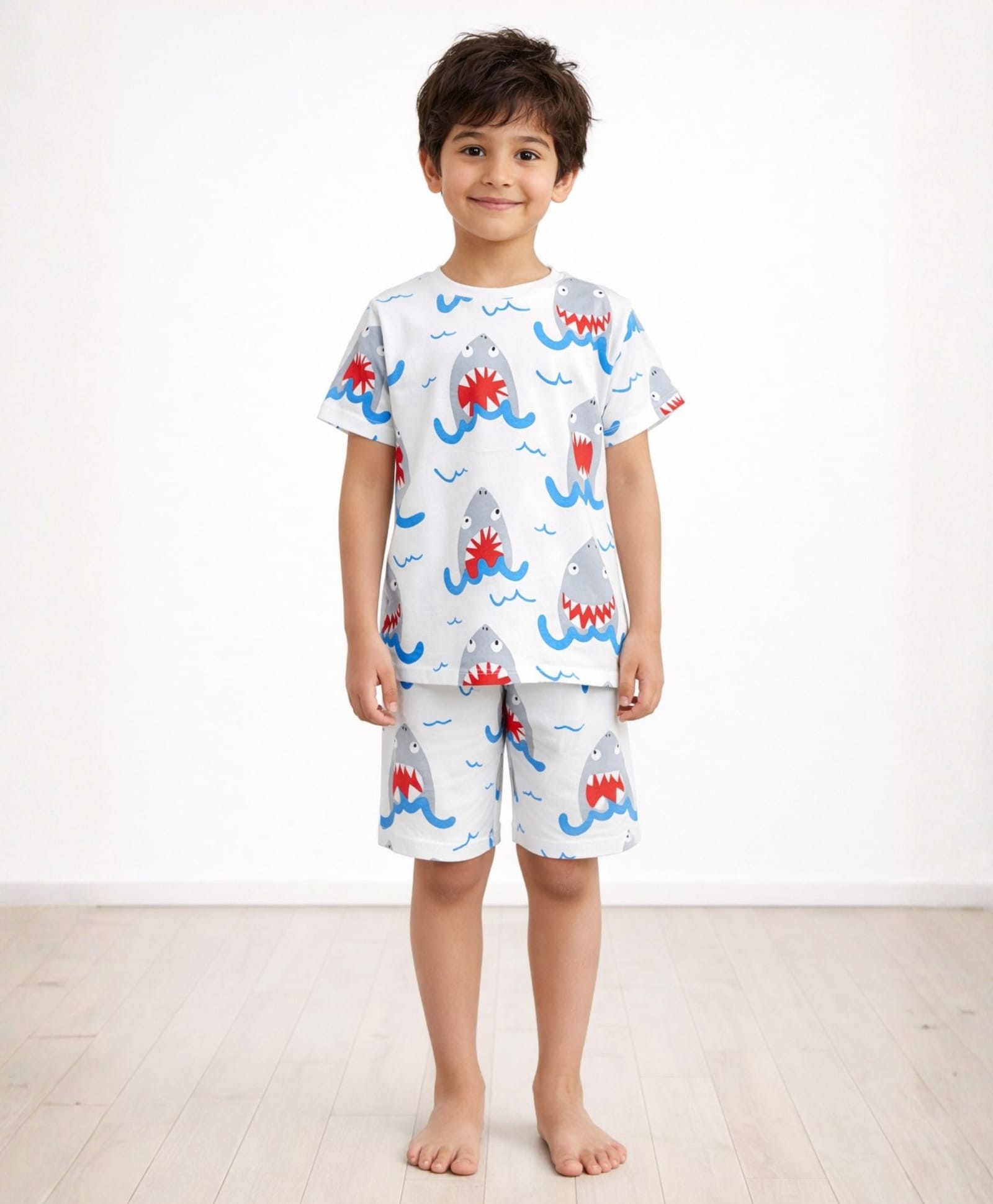 Anthrilo Pure Cotton Knit Half Sleeves Shark Printed Coordinating Tee & Shorts Night Suit - White-picture-11