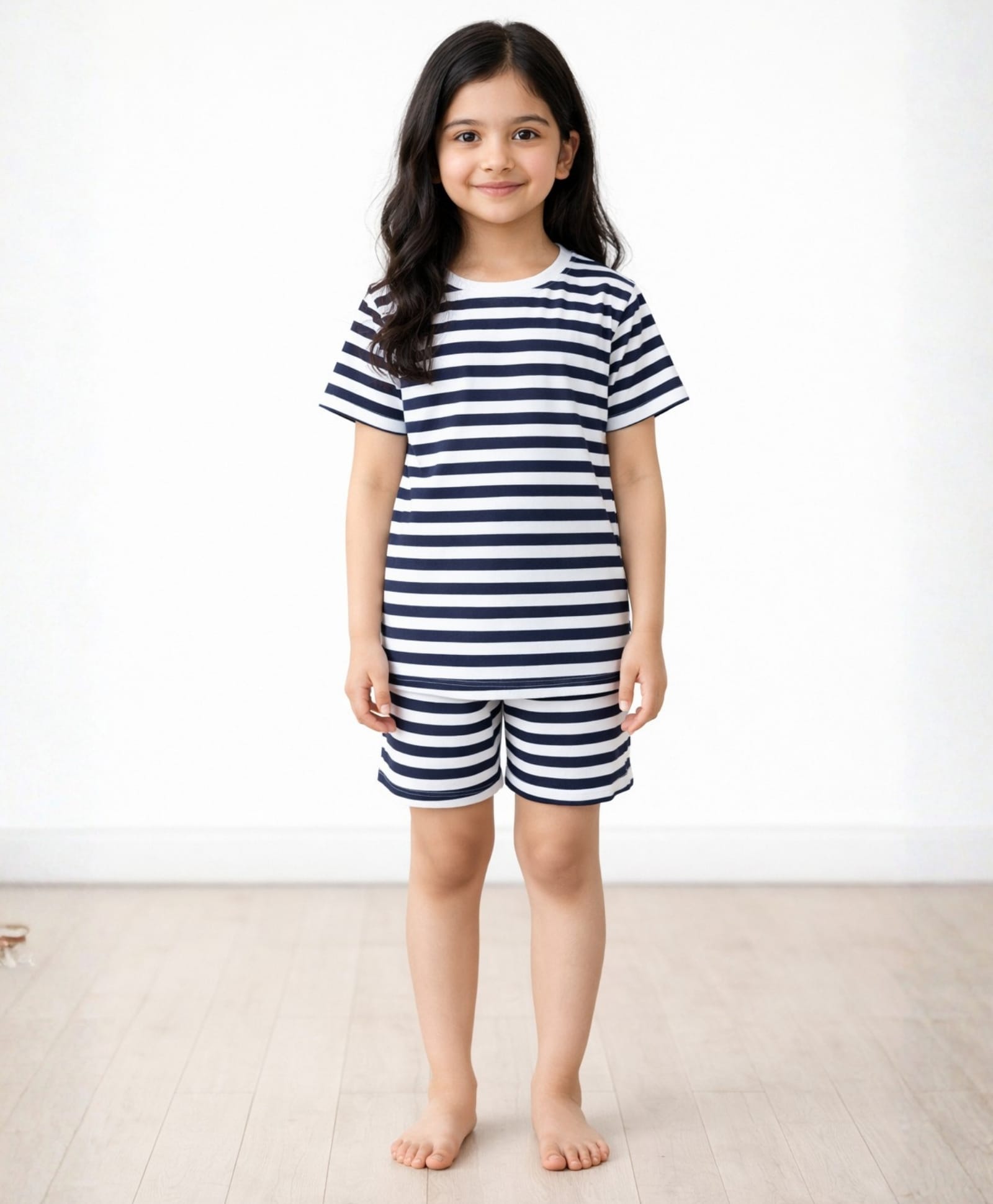 Anthrilo Pure Cotton Knit Half Sleeves Striped Coordinating Tee & Shorts Night Suit - Navy Blue & White-picture-21