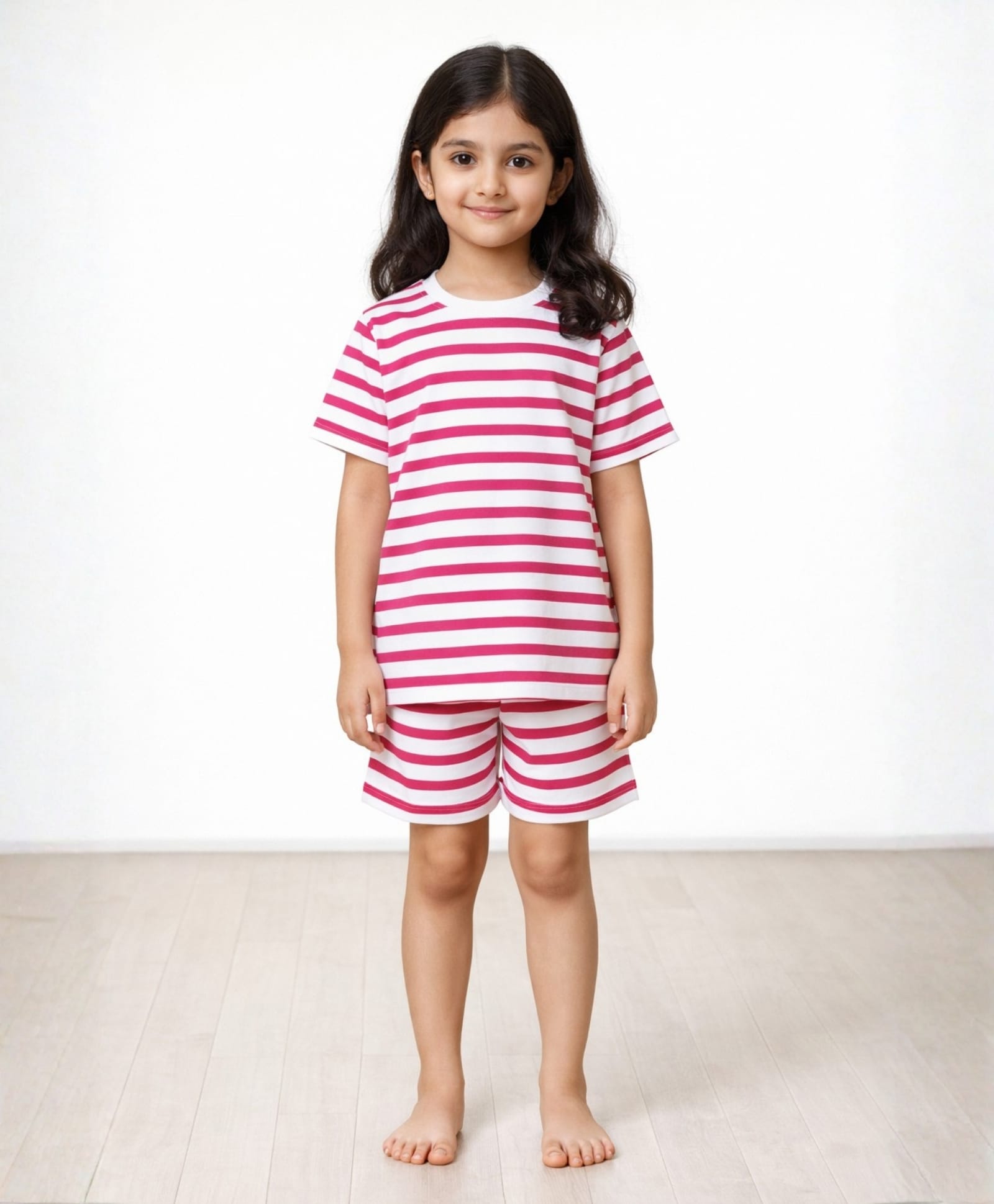 Anthrilo Pure Cotton Knit Half Sleeves Striped Coordinating Tee & Shorts Night Suit - Red & White-picture-20