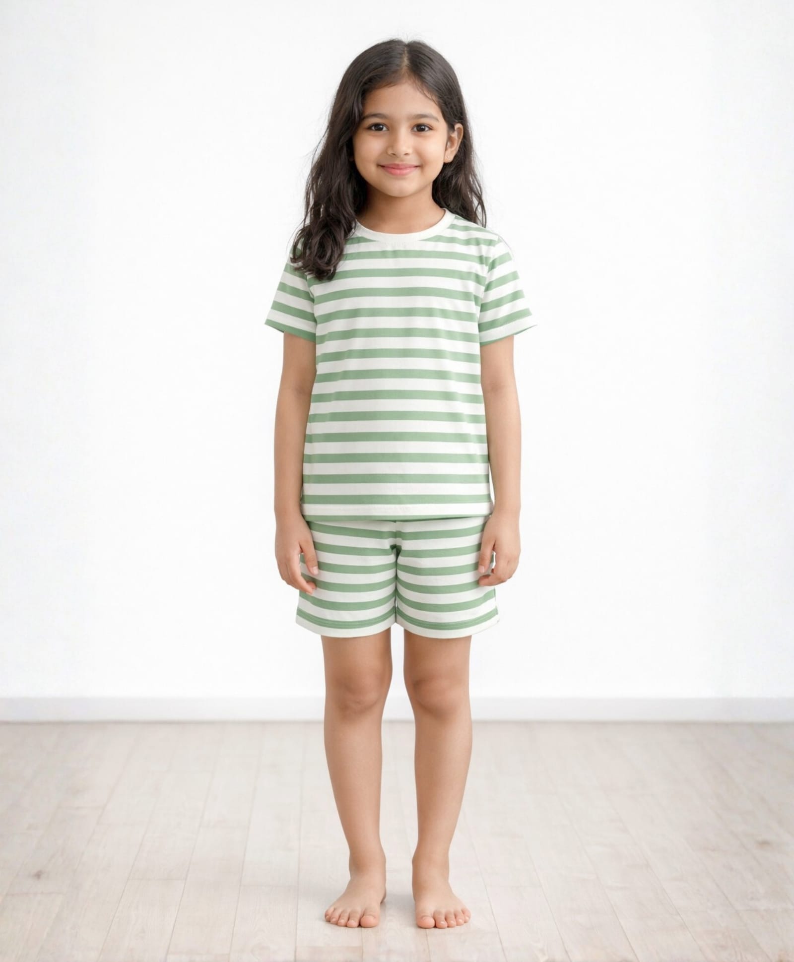 Anthrilo Pure Cotton Knit Half Sleeves Striped Coordinating Tee & Shorts Night Suit - Green & White-picture-17