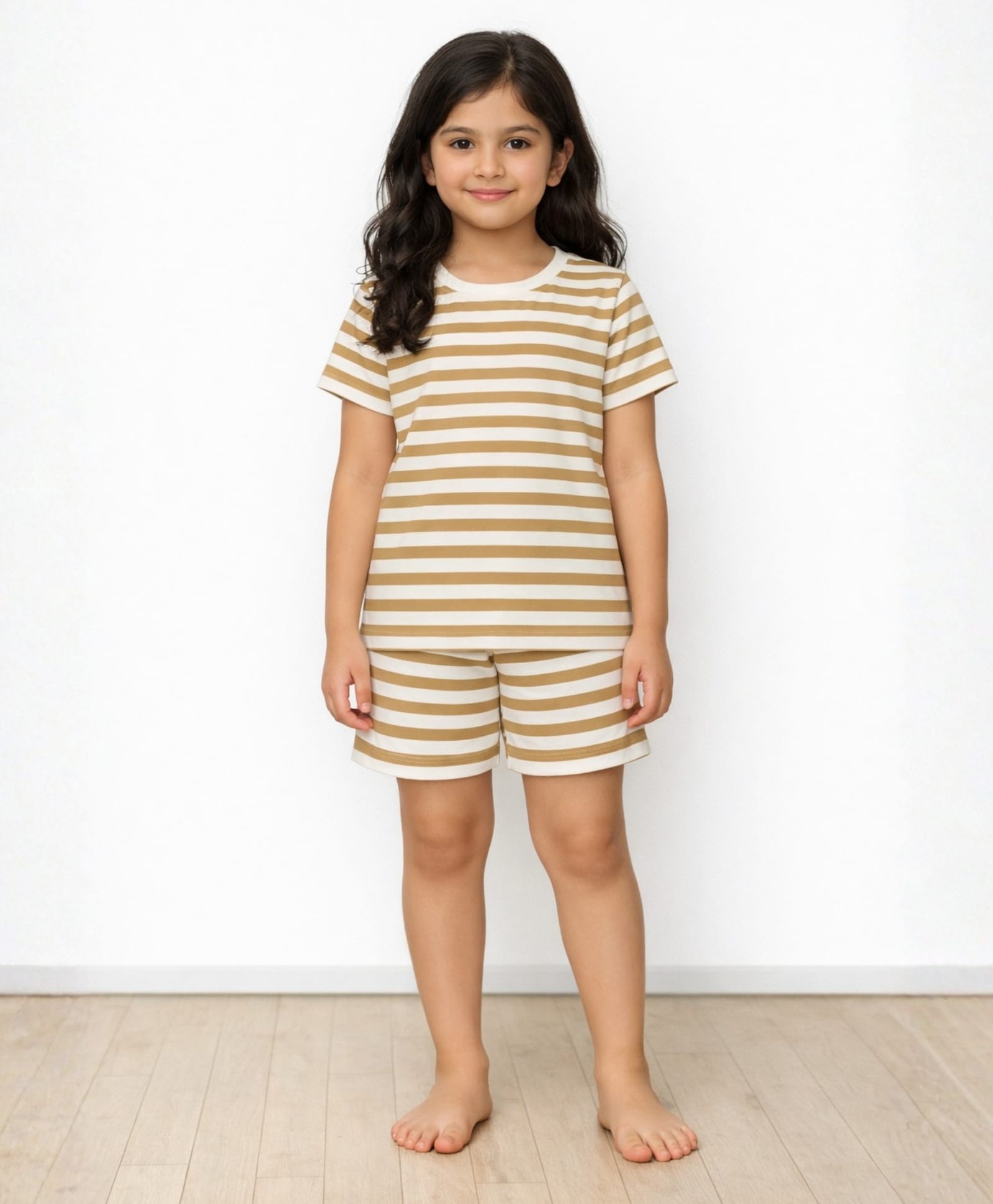 Anthrilo Pure Cotton Knit Half Sleeves Striped Tee & Shorts Night Suit - Beige & White-picture-29