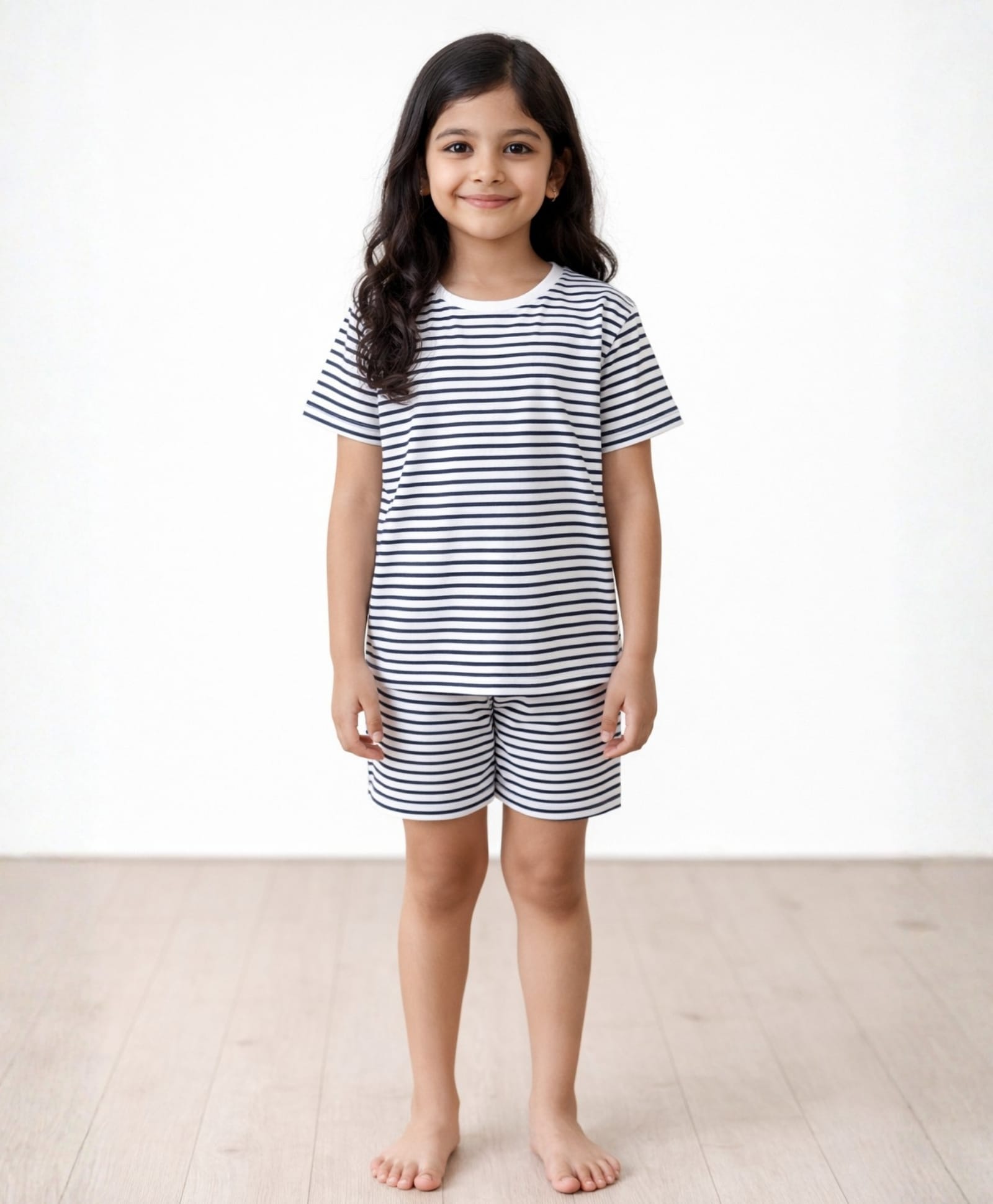 Anthrilo Pure Cotton Knit Half Sleeves Striped Tee & Shorts Night Suit - Black & White-picture-11