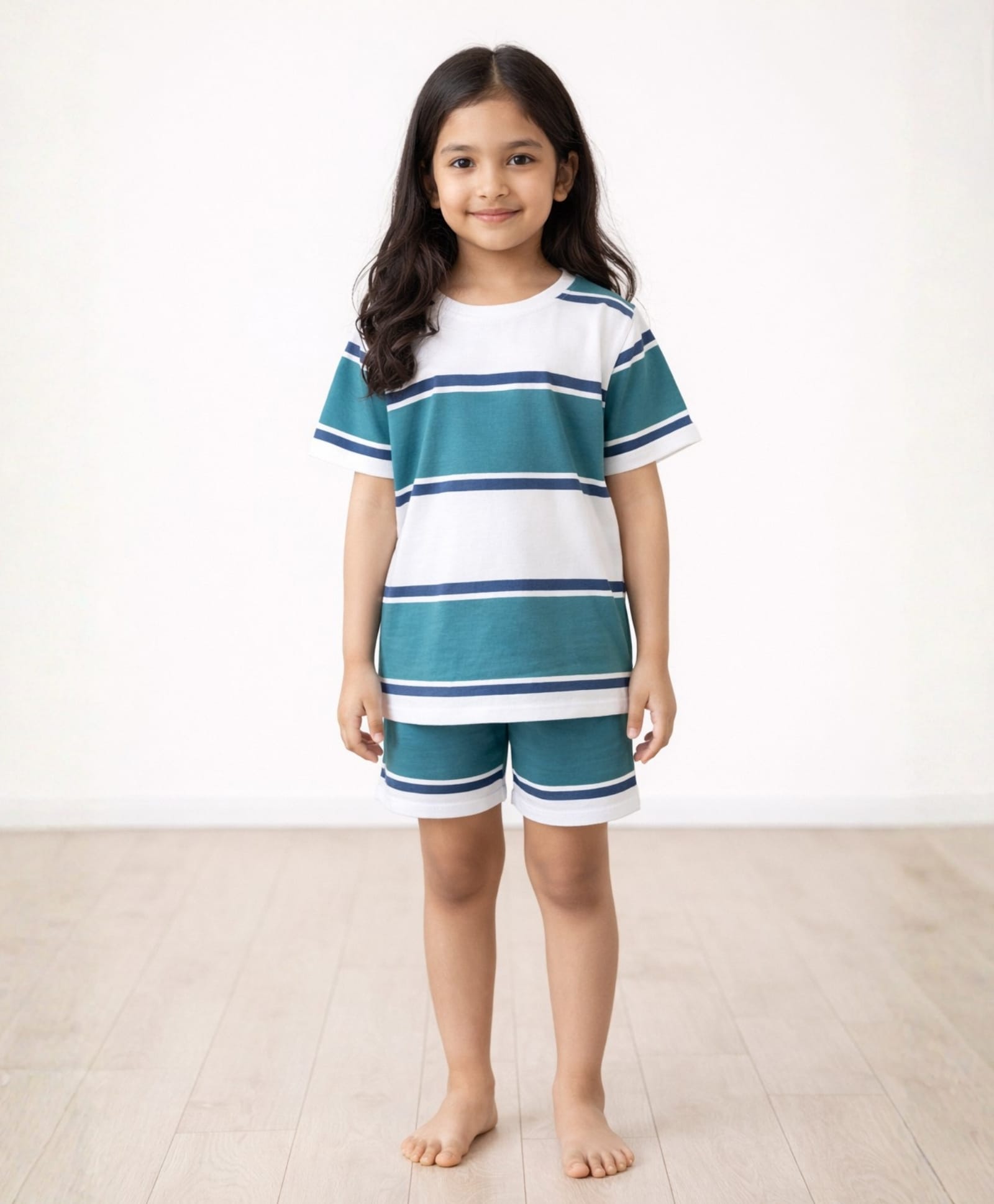 Anthrilo Pure Cotton Knit Half Sleeves Striped Tee & Shorts Night Suit - Green Navy Blue & White-image-6