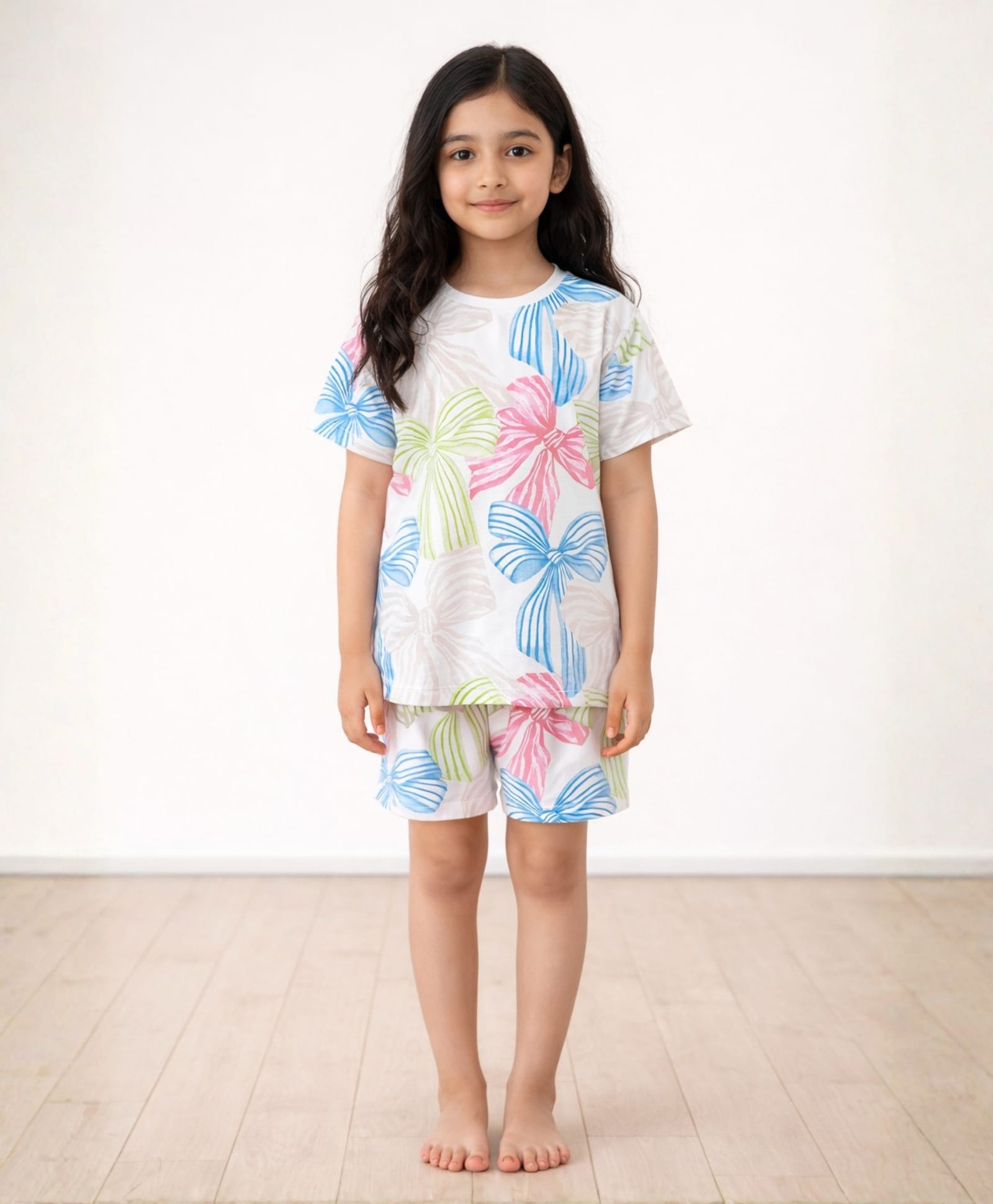 Anthrilo Pure Cotton Knit Half Sleeves Bow Printed Tee & Shorts Night Suit - White-image-5
