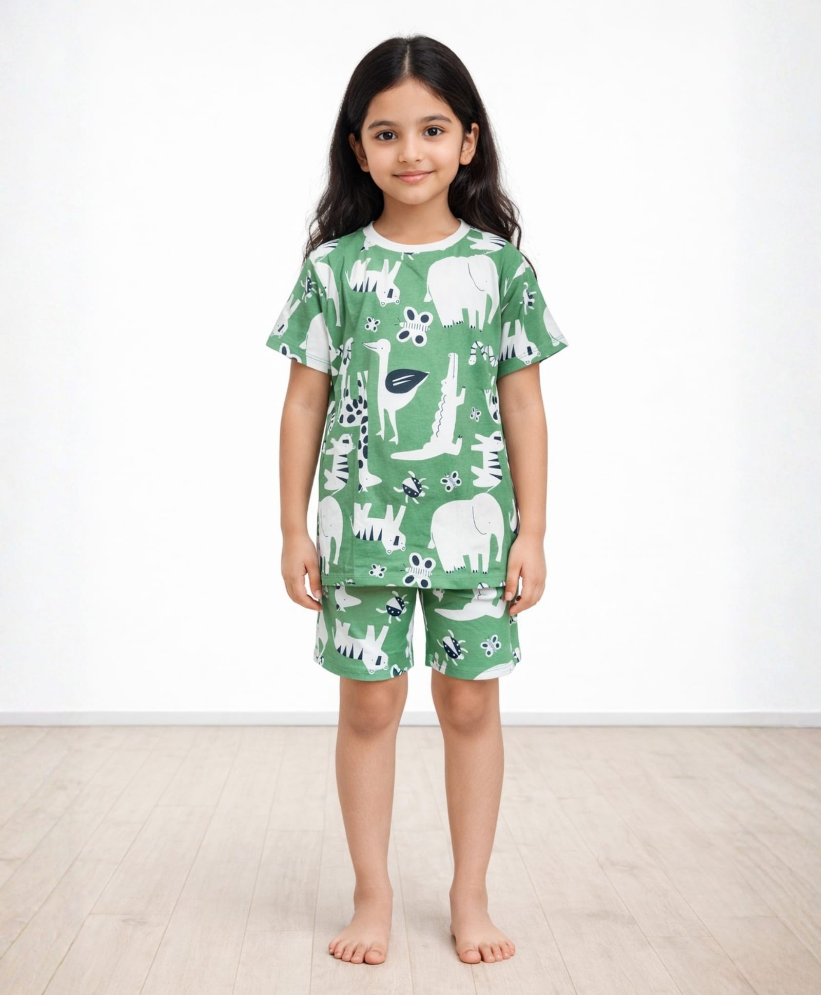 Anthrilo Pure Cotton Knit Half Sleeves Animal Printed Tee & Shorts Night Suit - Green-picture-12
