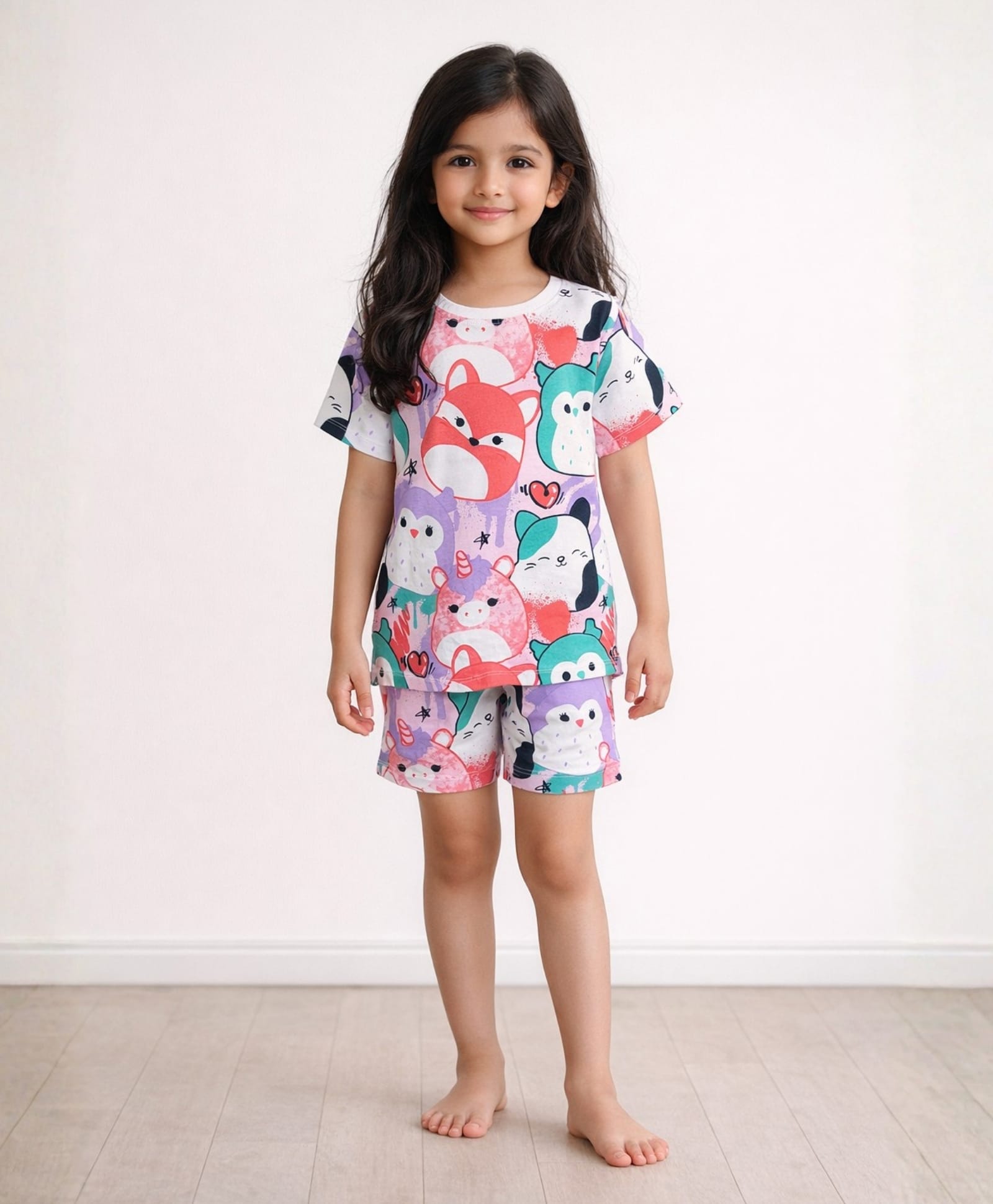Anthrilo Pure Cotton Knit Half Sleeves Animal Printed Tee & Shorts Night Suit - White-picture-15