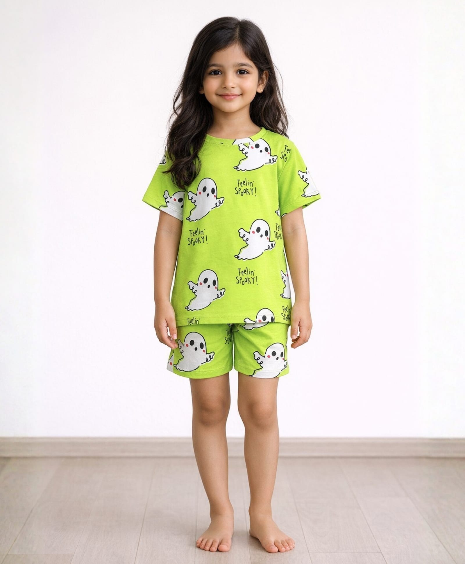 Anthrilo Pure Cotton Knit Half Sleeves Poltergeist Printed Tee & Shorts Night Suit - Lime Green-image-43