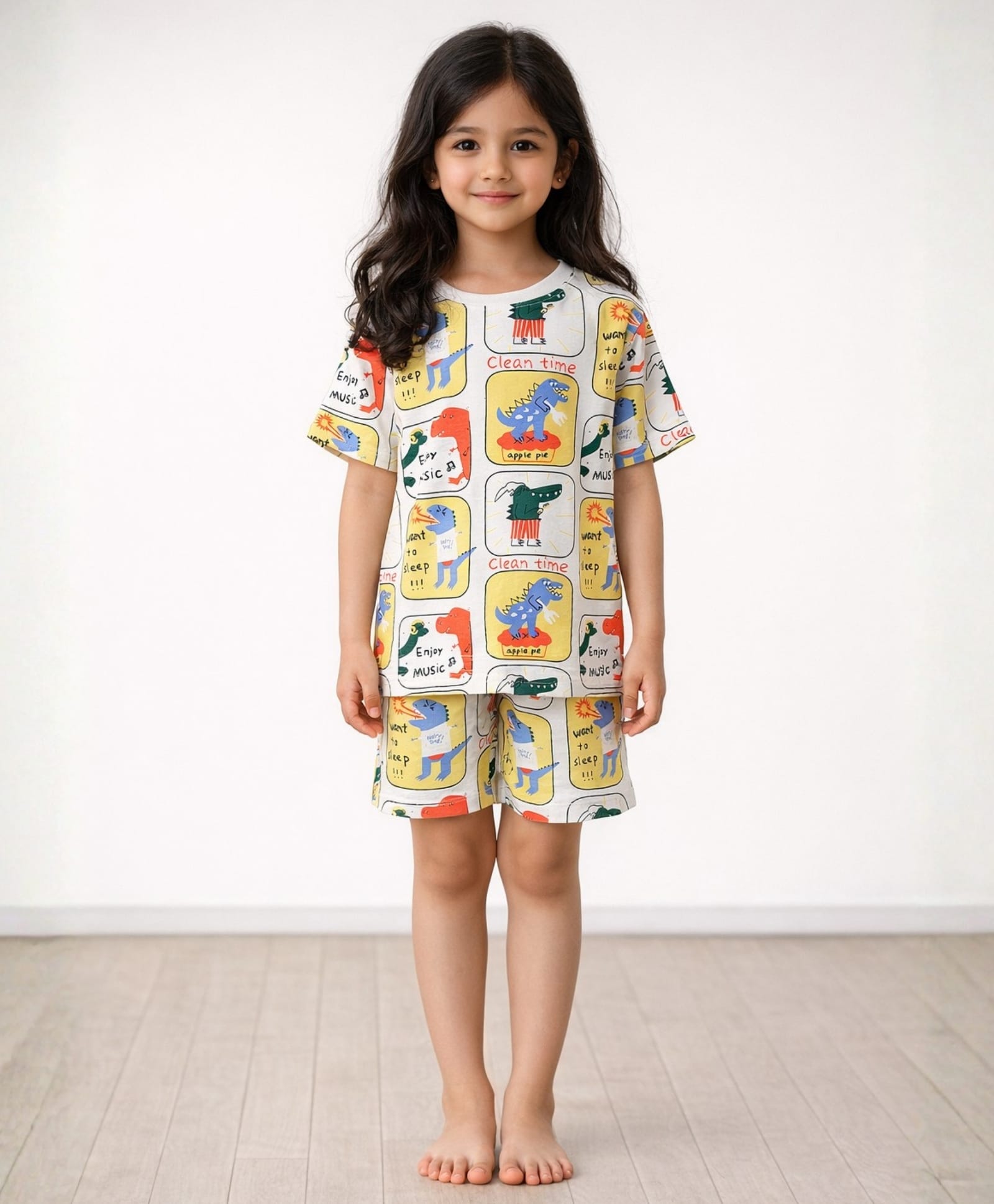 Anthrilo Pure Cotton Knit Half Sleeves Dinosaur Printed Coordinating Tee & Shorts Night Suit - White-picture-45