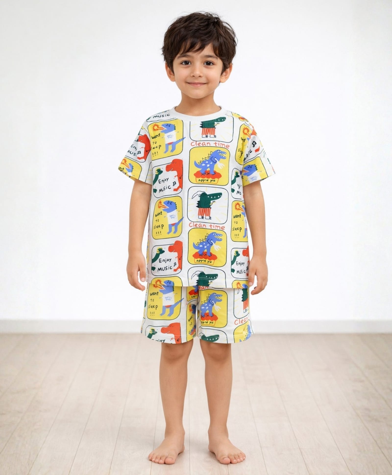 Anthrilo Pure Cotton Knit Half Sleeves Dinosaur Printed Coordinating Tee & Shorts Night Suit - White-image-48
