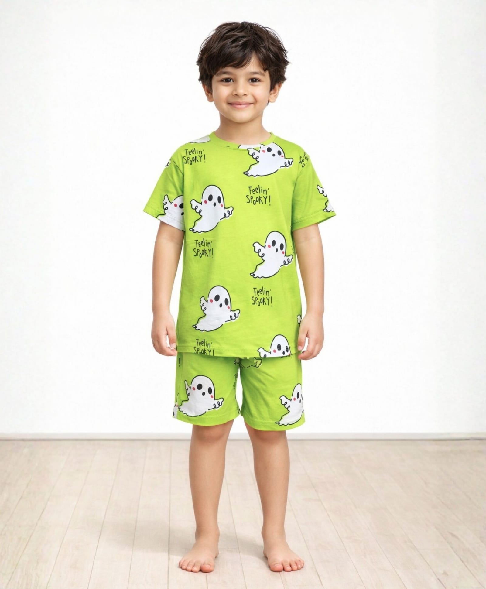 Anthrilo Pure Cotton Knit Half Sleeves Poltergeist Printed Coordinating Tee & Shorts Night Suit - Lime Green-picture-16