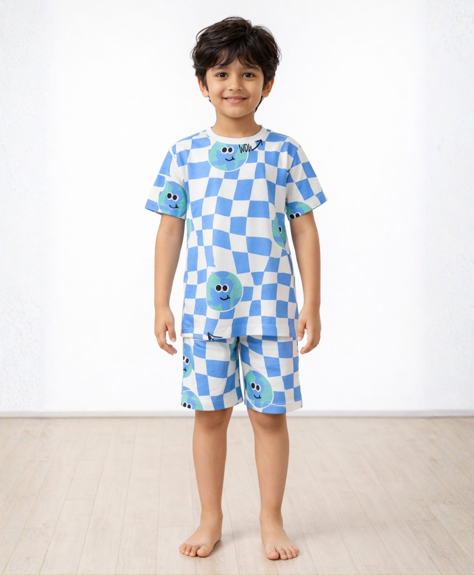 Anthrilo Pure Cotton Knit Half Sleeves Checked & Earth Printed Coordinating Tee & Shorts Night Suit - White-image-44