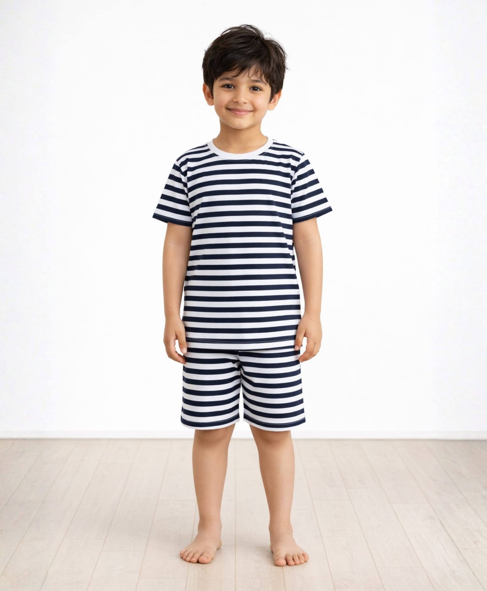 Anthrilo Pure Cotton Knit Half Sleeves Striped Coordinating Tee & Shorts Night Suit - Navy Blue & White-picture-18