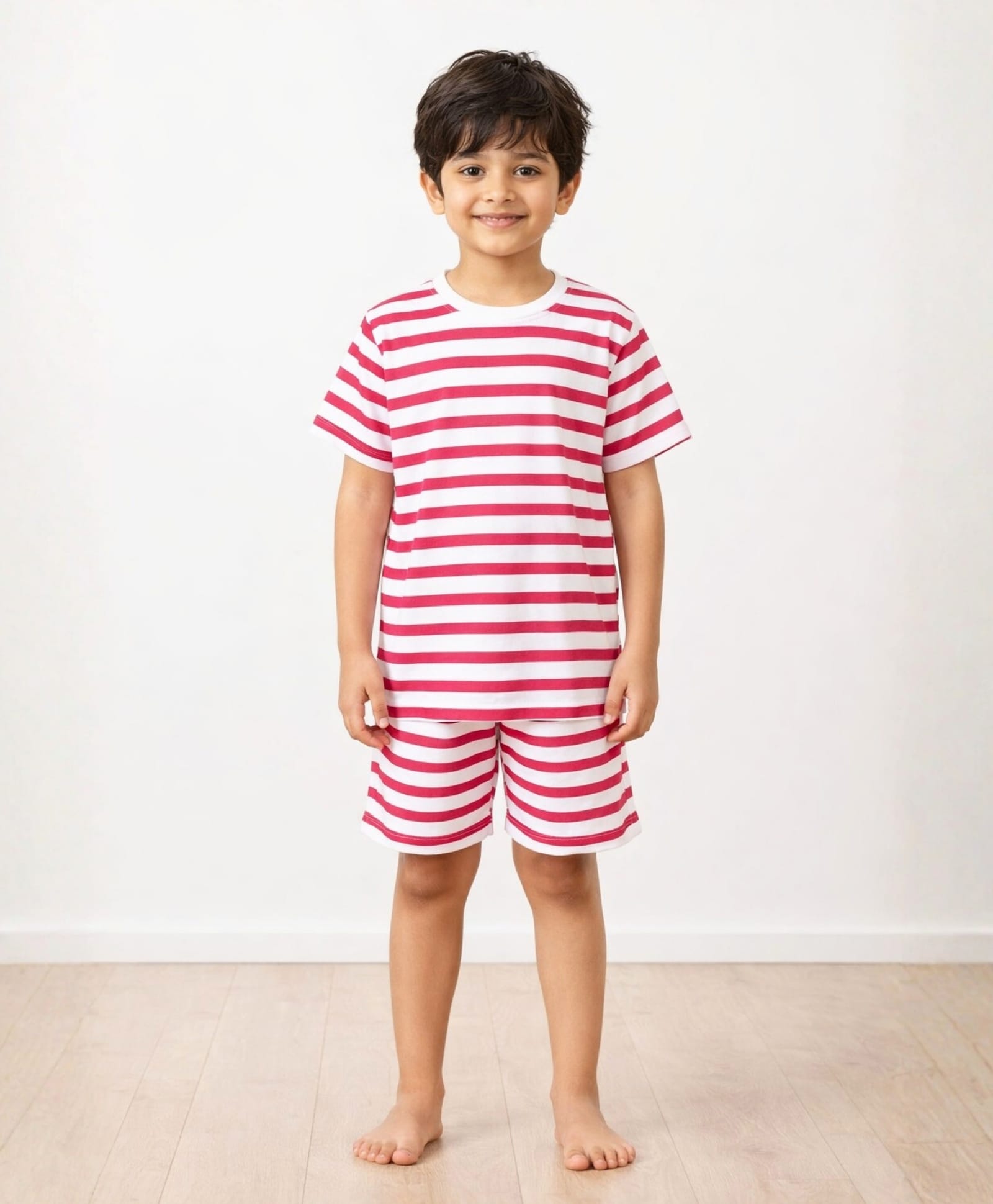 Anthrilo Pure Cotton Knit Half Sleeves Striped Coordinating Tee & Shorts Night Suit - Red & White-image-37