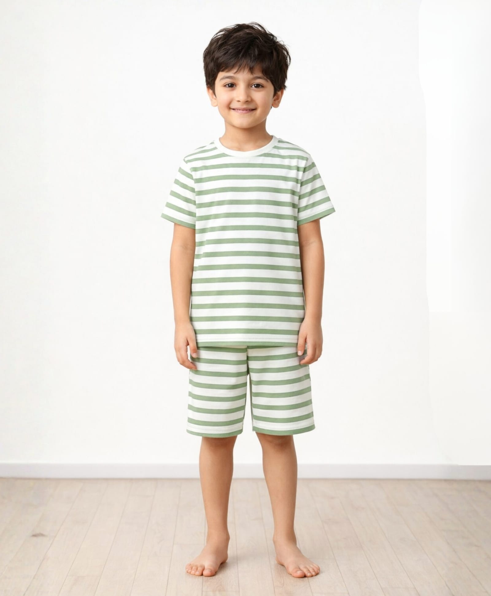 Anthrilo Pure Cotton Knit Half Sleeves Striped Coordinating Tee & Shorts Night Suit - Green & White-picture-11