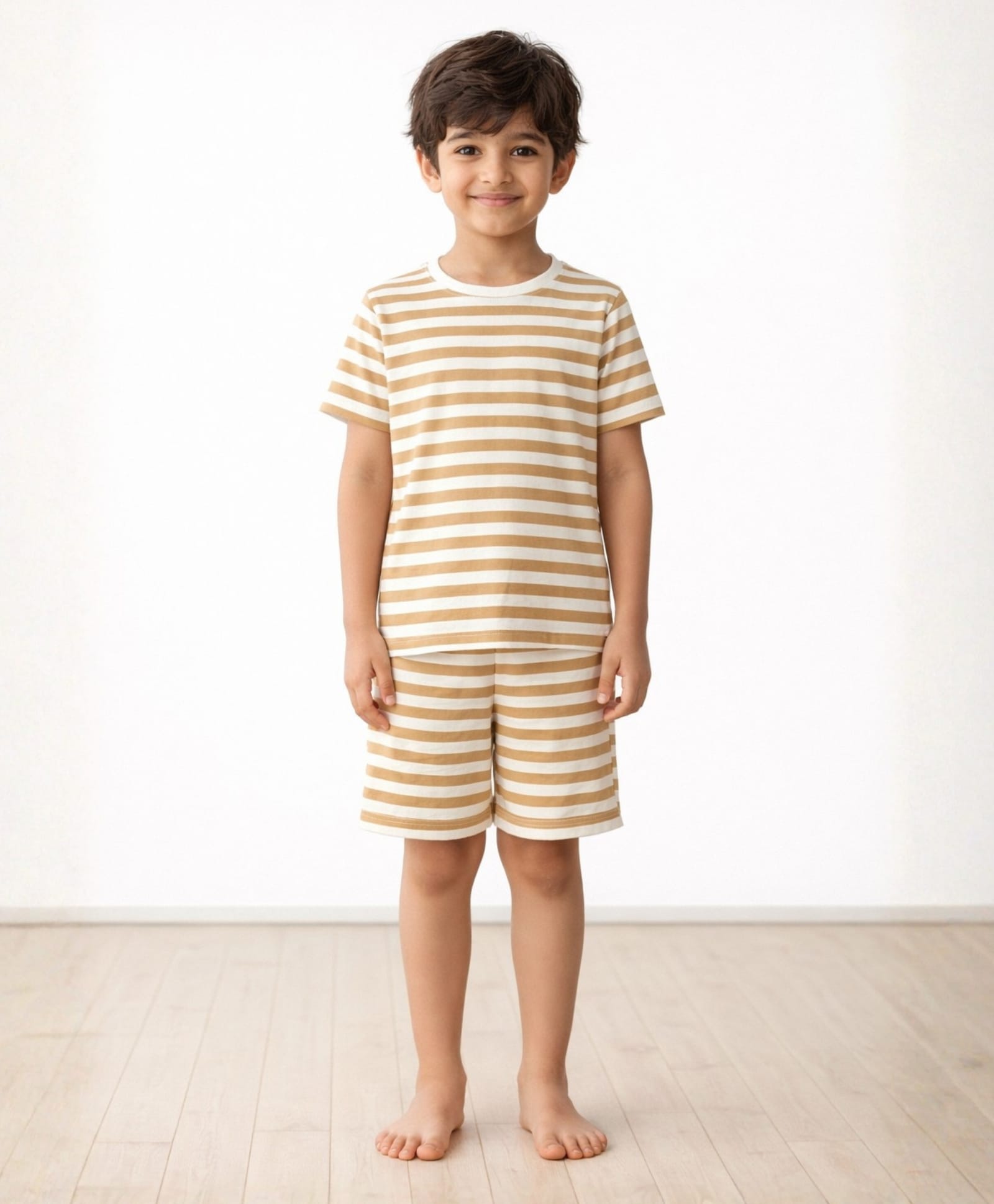 Anthrilo Pure Cotton Knit Half Sleeves Striped Tee & Shorts Night Suit - Beige & White-image-36