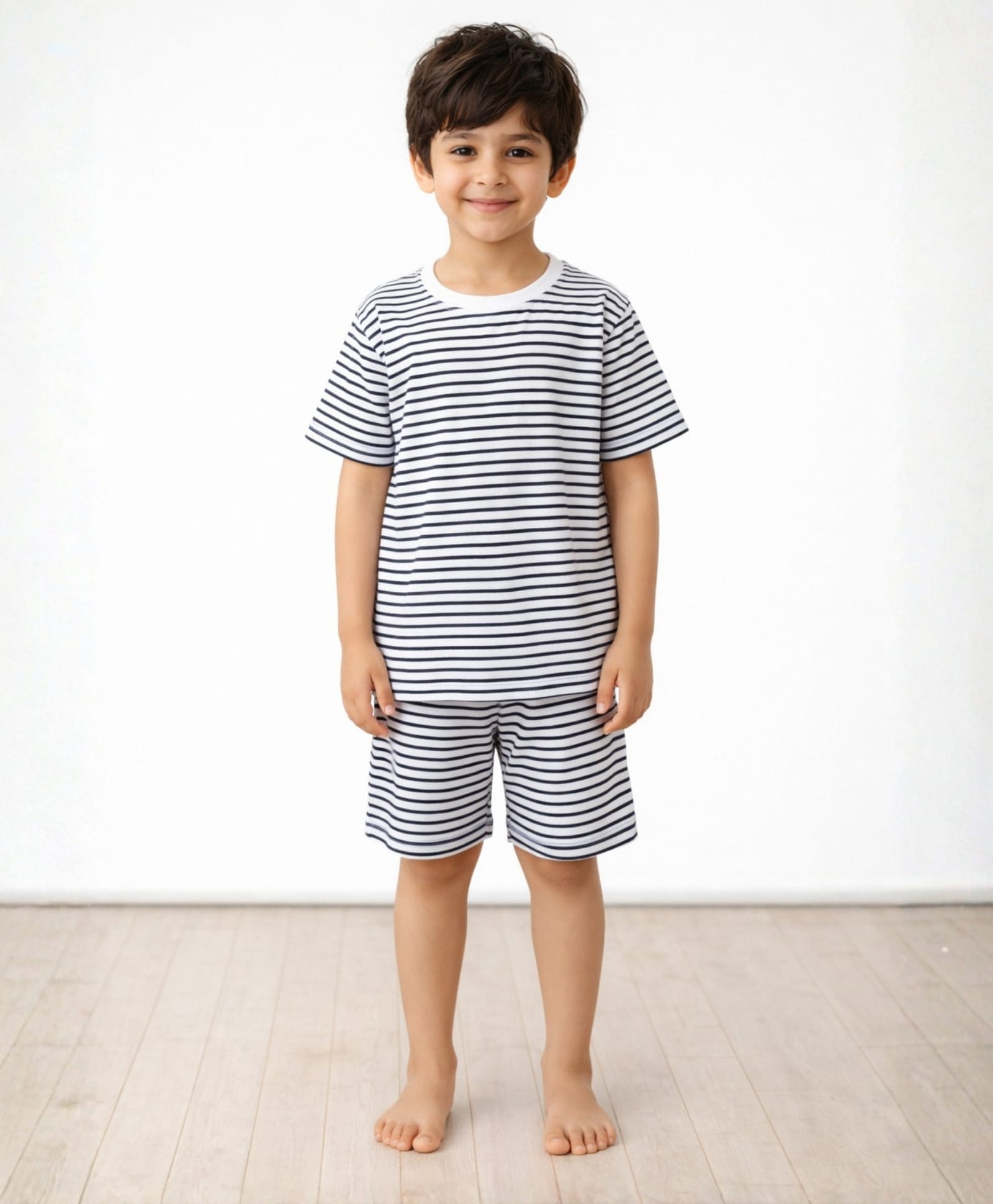 Anthrilo Pure Cotton Knit Half Sleeves Striped Tee & Shorts Night Suit - Black & White-picture-24