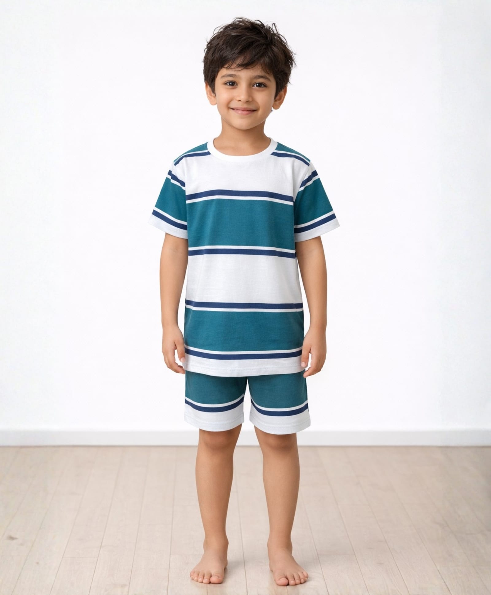 Anthrilo Pure Cotton Knit Half Sleeves Striped Coordinating Tee & Shorts Night Suit - Olive Green Navy Blue & White-picture-3