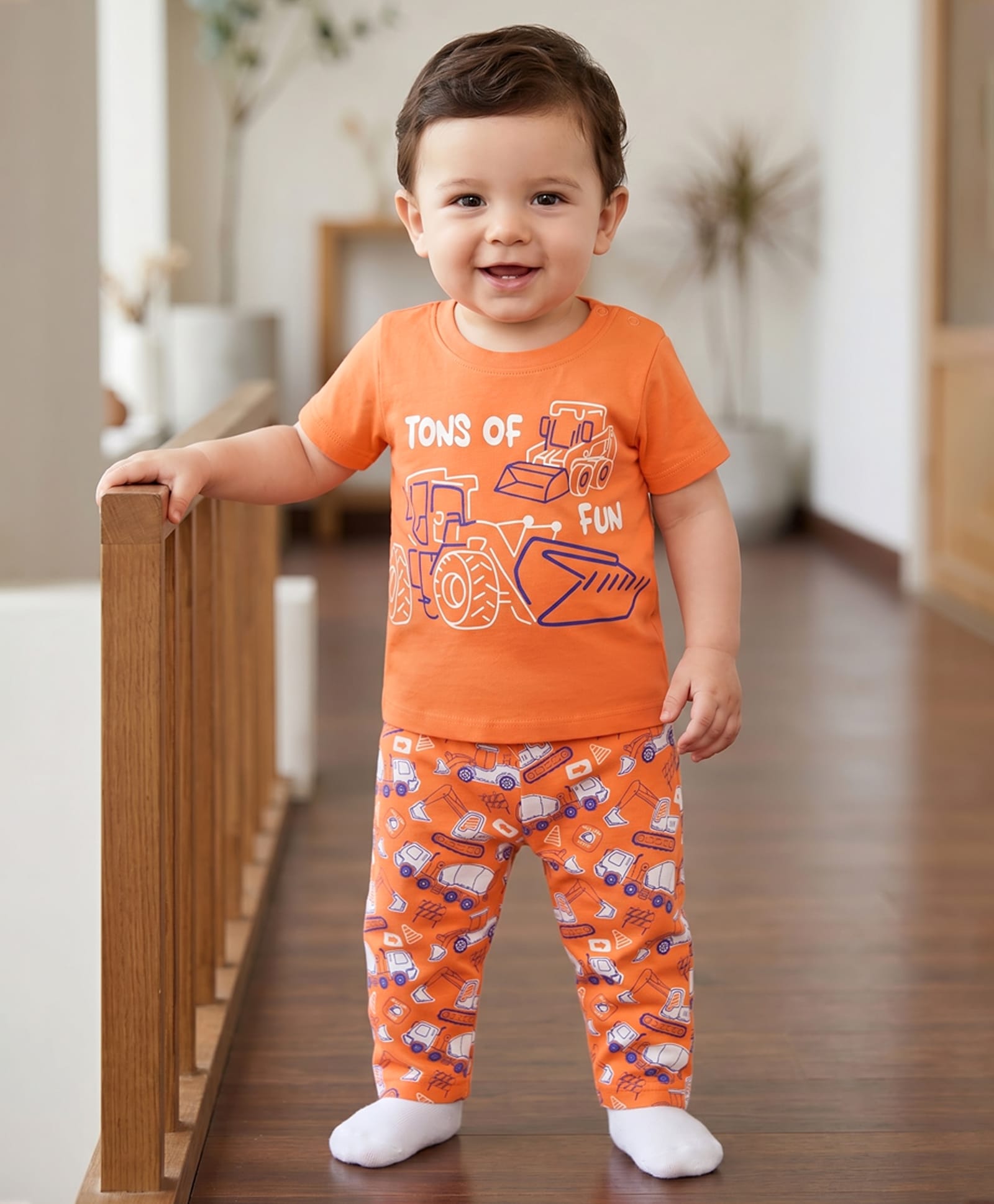 Doodle Poodle Single Jersey Knit Half Sleeves JCB Printed T-Shirt & Pyjama Night Suit - Orange-image-23