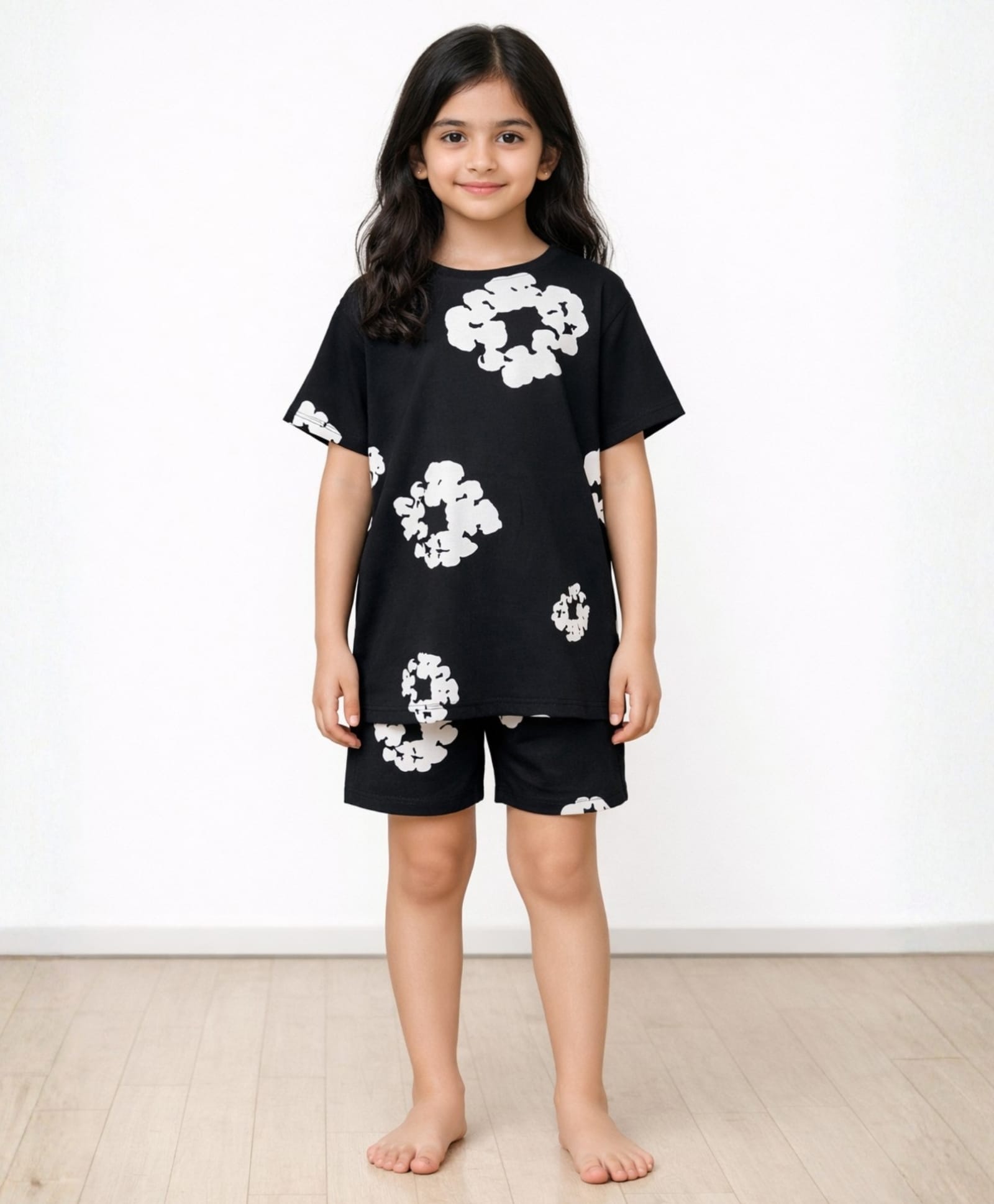 Anthrilo Pure Cotton Knit Half Sleeves Floral Printed Tee & Shorts - Black-image-14