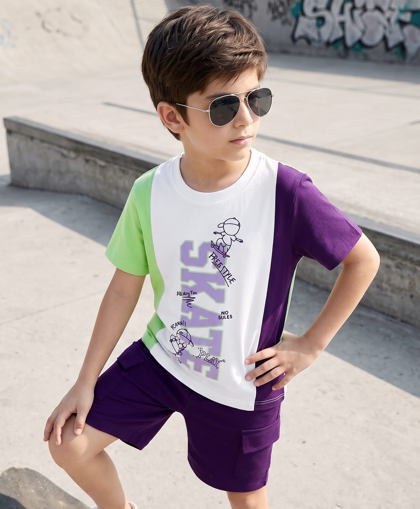 OLLINGTON ST. Cotton Knit Text & Sports Theme Printed Half Sleeve T-Shirt & Cargo Shorts Set-Multicolour & Purple-image-33