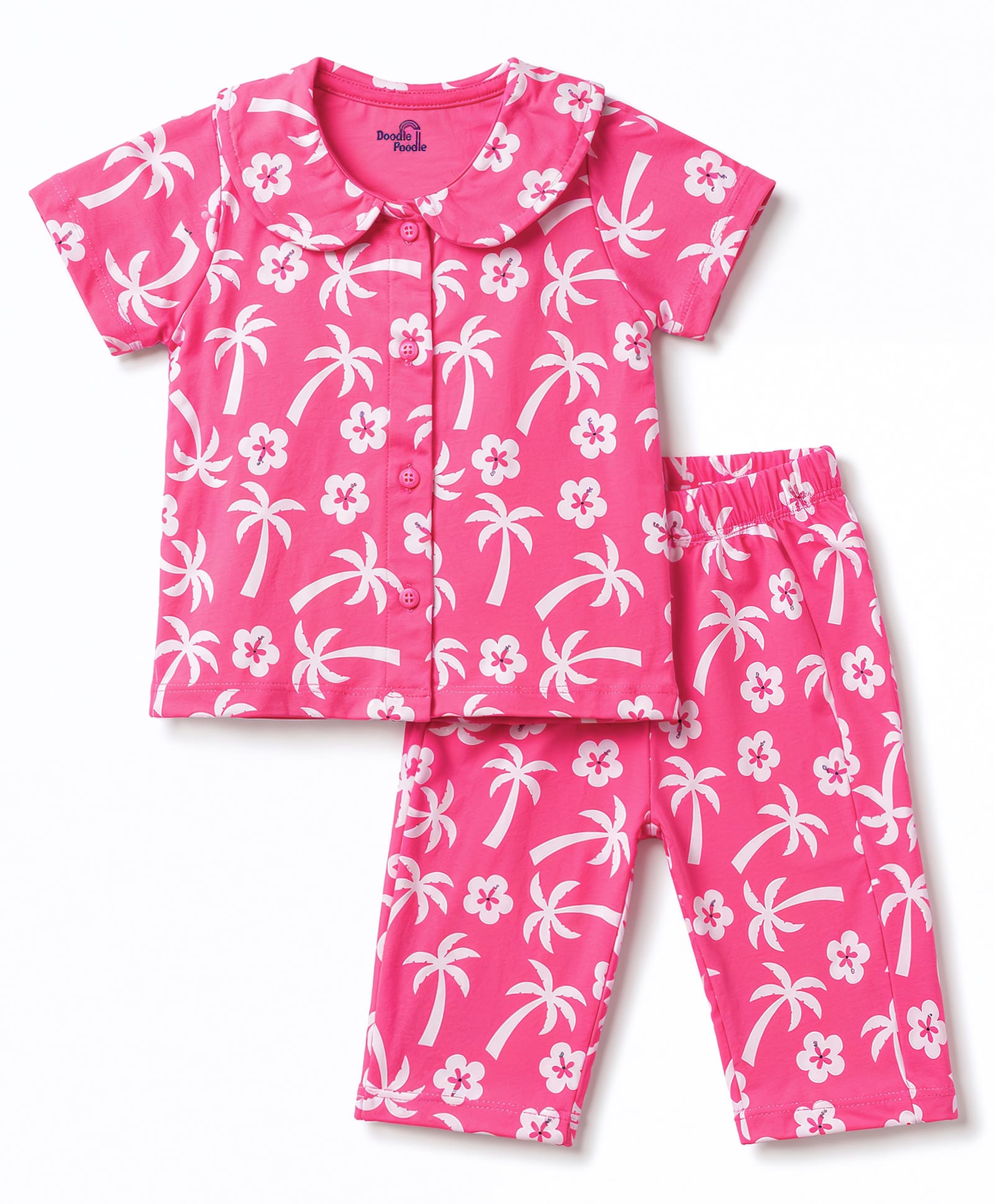 Doodle Poodle 100% Cotton Knit Half Sleeves Palm Tree & Floral Printed Co-Ords Shirt & Pyjama Night Suit - Pink-image-38