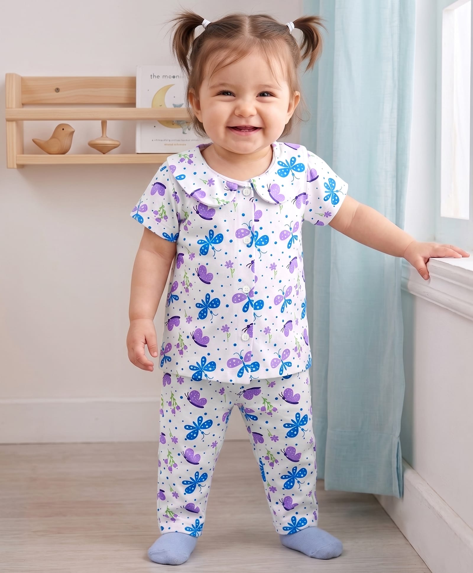 Doodle Poodle Single Jersey 100% Cotton Knit Half Sleeves Butterfly Printed Co-Ords Top & Pyjama Night Suit - White-image-41