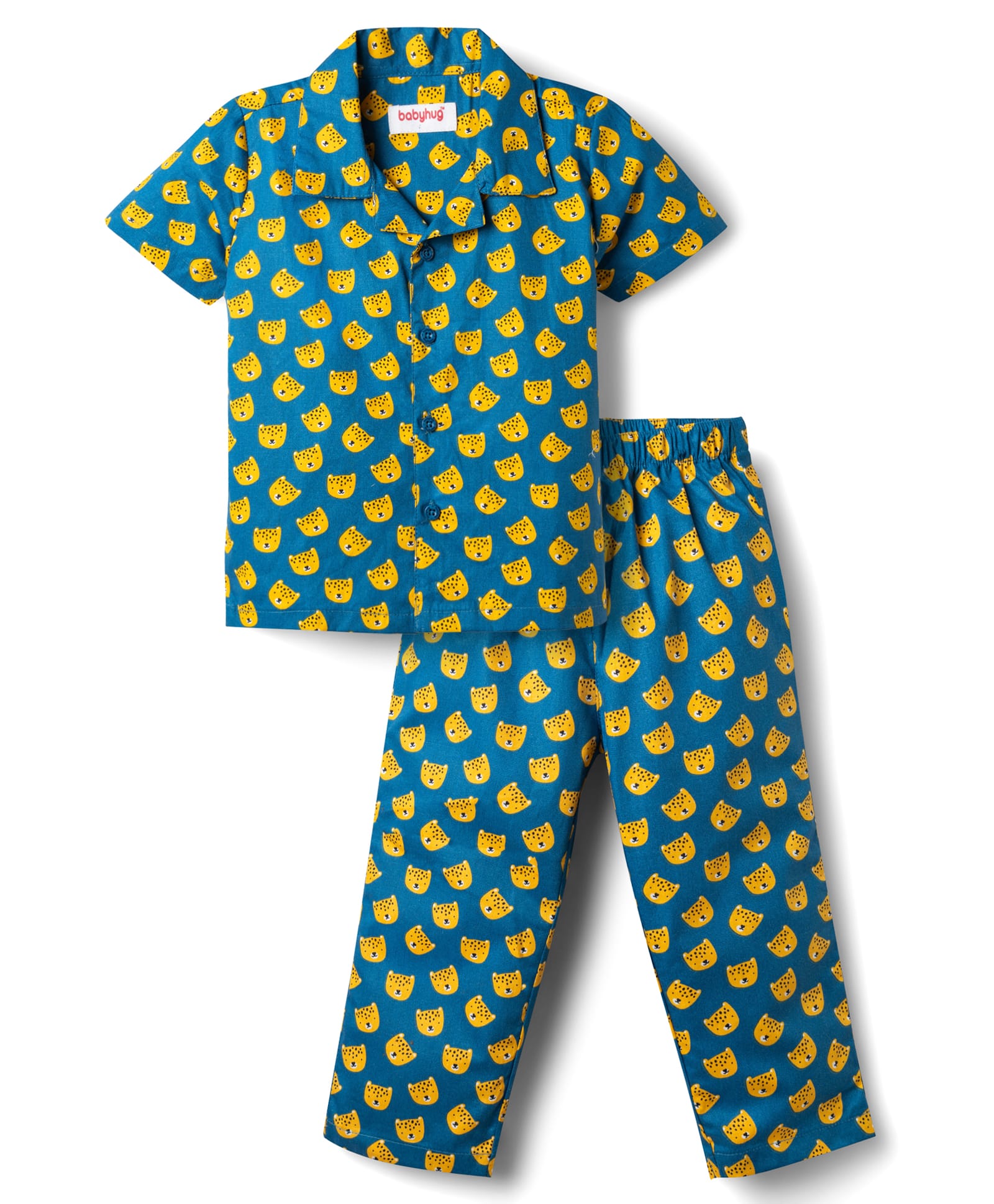 Babyhug Cotton Woven Front Open Half Sleeves Cub Face Printed Shirt & Pyjama Night Suit - Blue-image-10