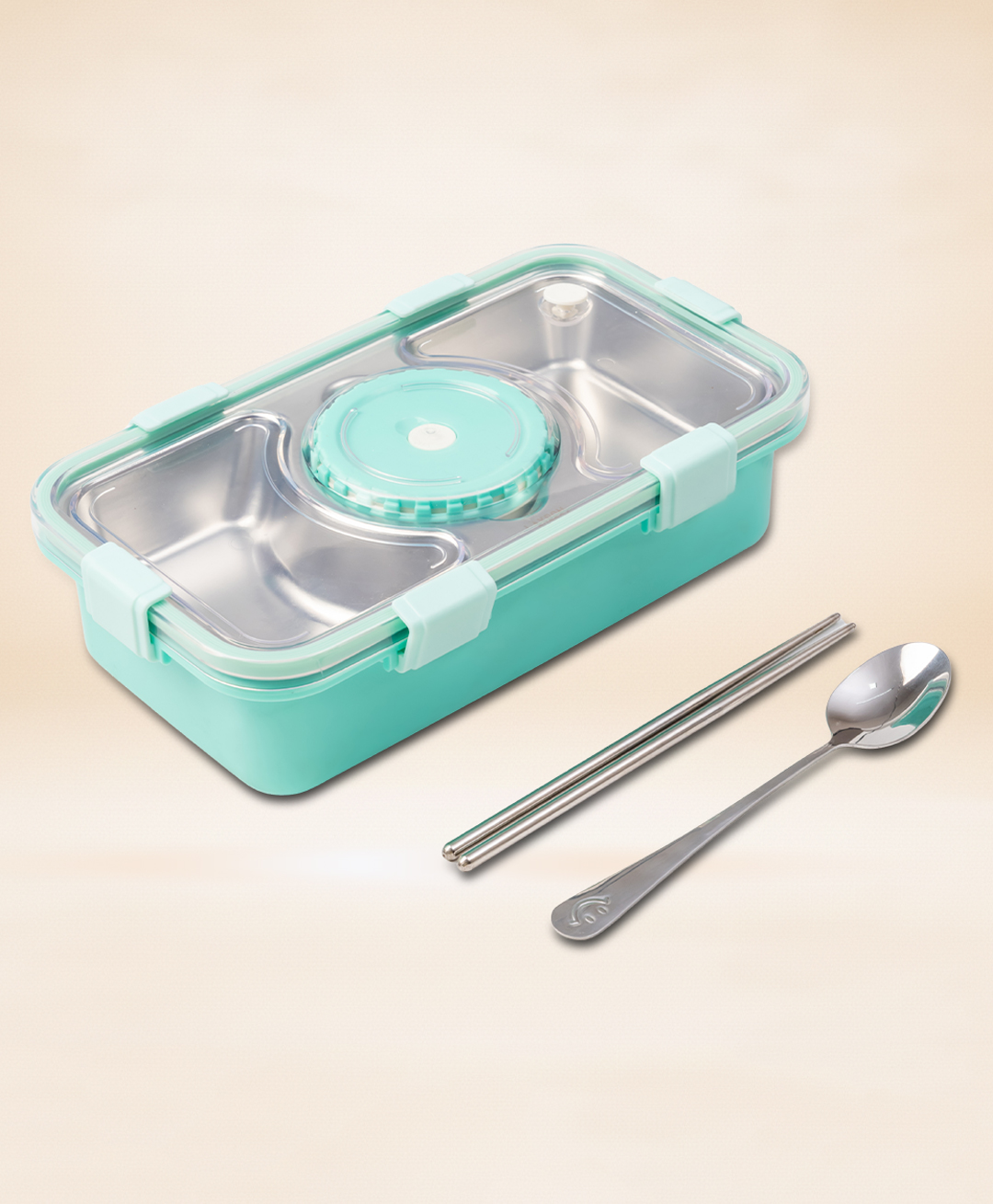 Myneemoe Bento Go Stainless Steel Lunch Box with Gravy Dibbie, 3 Section Tiffin Box for School & Daily Solid Meals - Turquoise-image-2