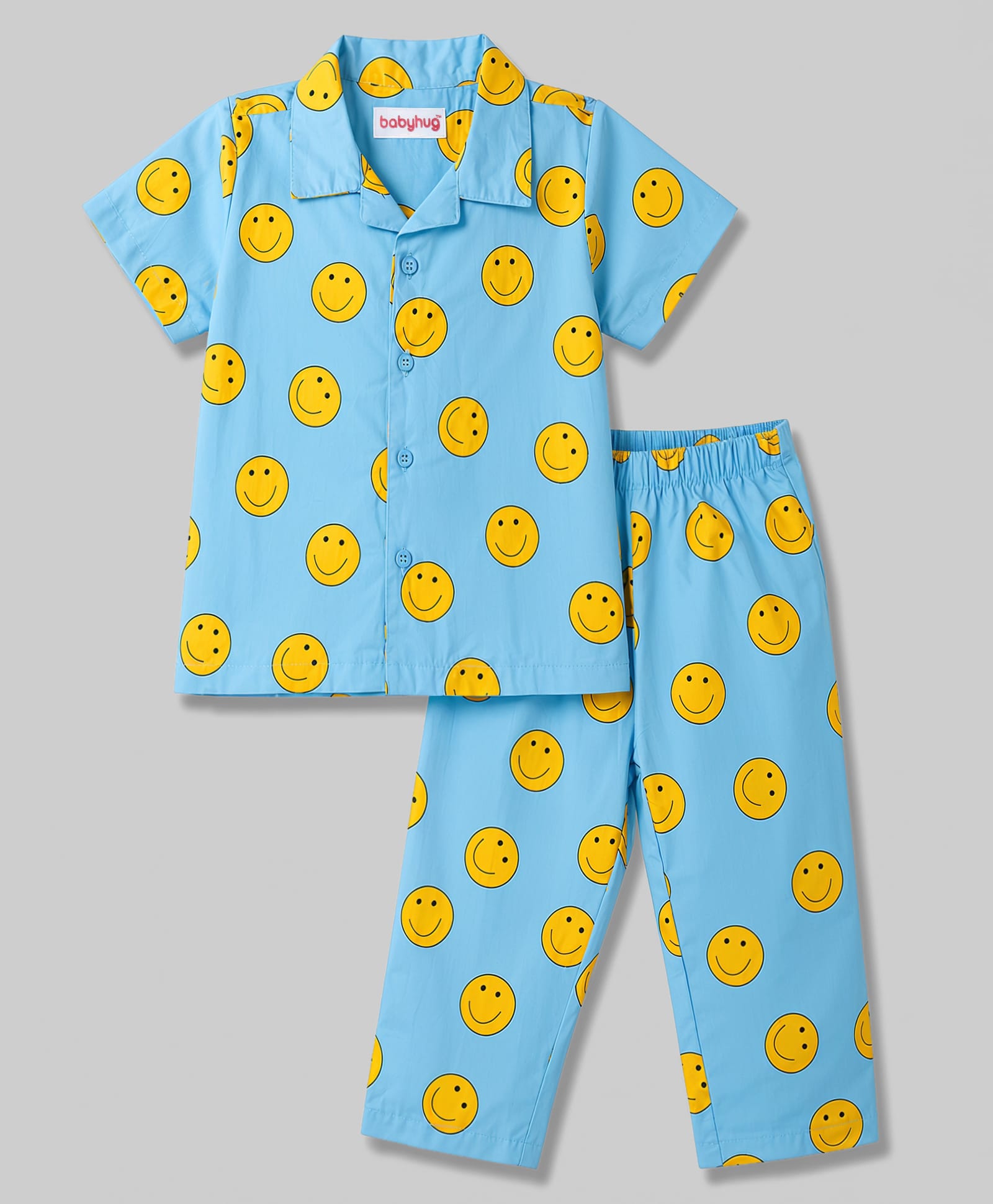 Babyhug Cotton Woven Front Open Half Sleeves Smiley Printed Shirt & Pyjama Night Suit - Blue-image-23