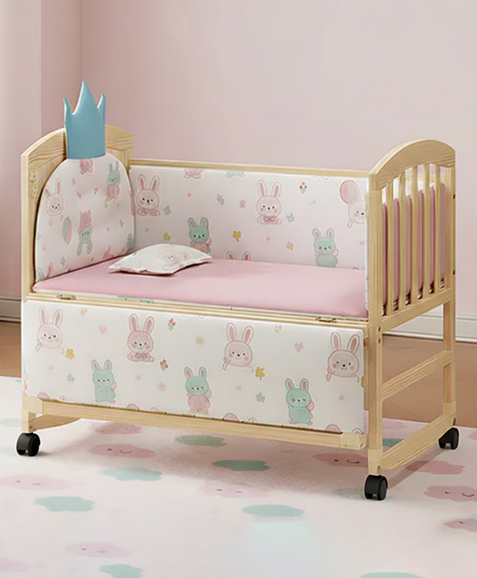 Furnifest Hemi Cot 5 in 1 Convertible Baby Cot with Rocking Function| Parent Bed Attachment |Wheels with Lock | Study Table | Beautiful Mosquito Net | Non-Toxic Finish - Beige-picture-26