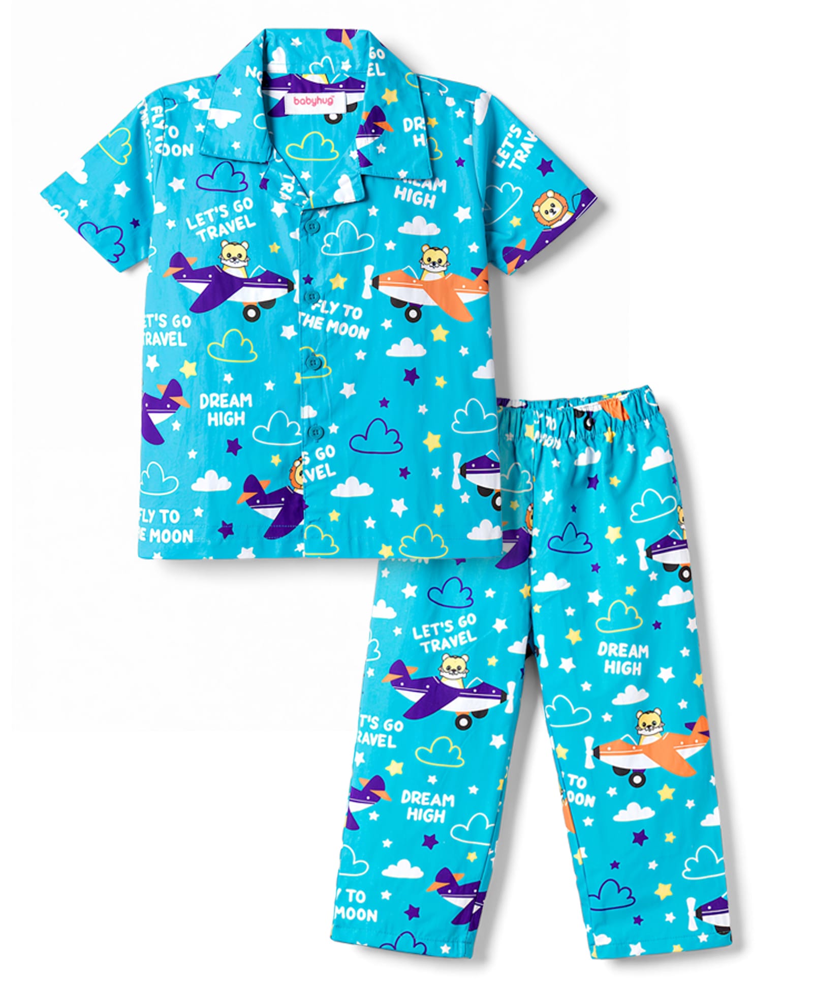 Babyhug Cotton Woven Half Sleeves Shirt & Pyjama Co-ord Night Suit with Animal Print - Blue-image-42