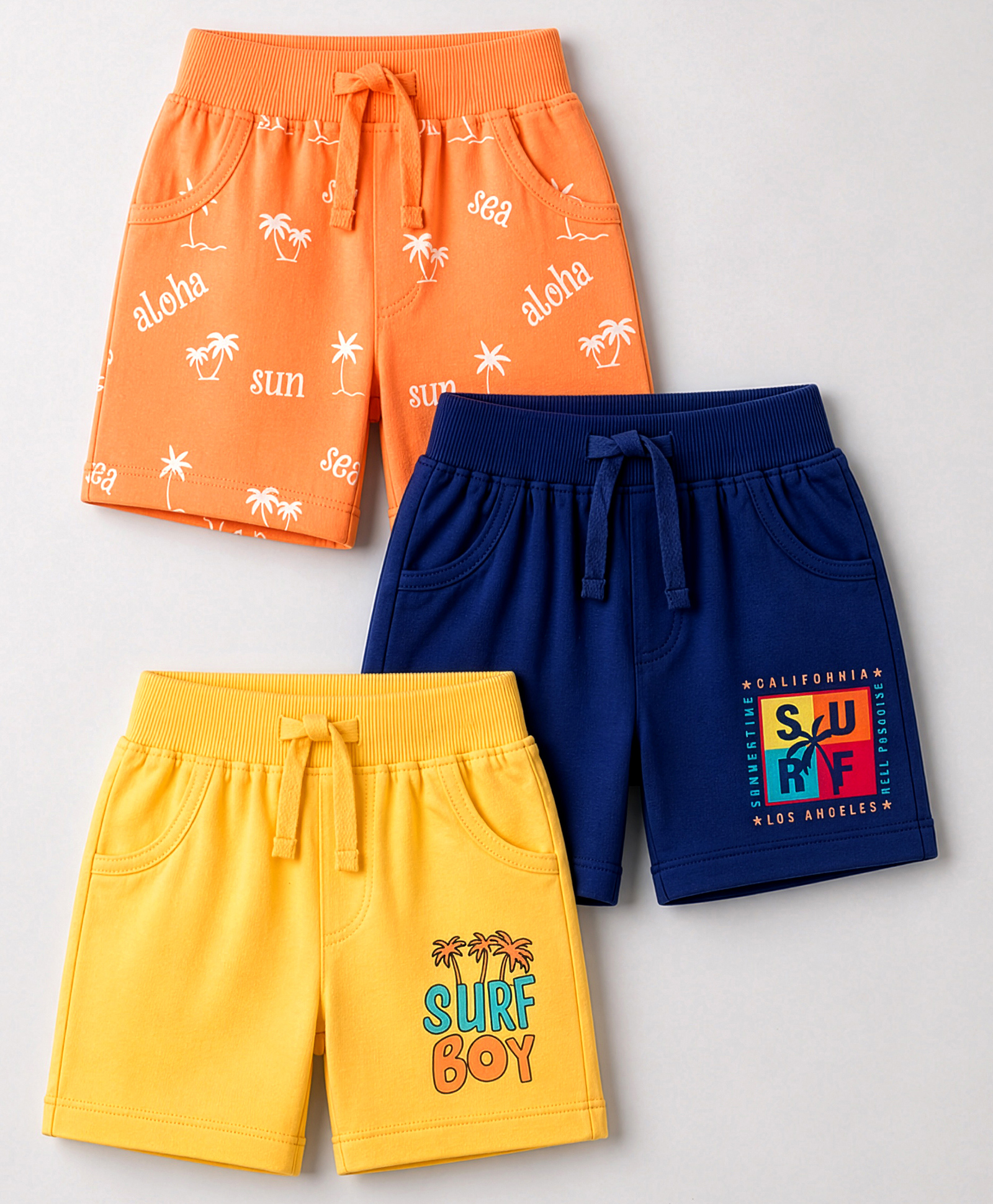 Doodle Poodle 100% Cotton Single Jersey Knit Knee Length Shorts With Surf Print Pack of 3 - Navy Blue Orange & Yellow-image-33