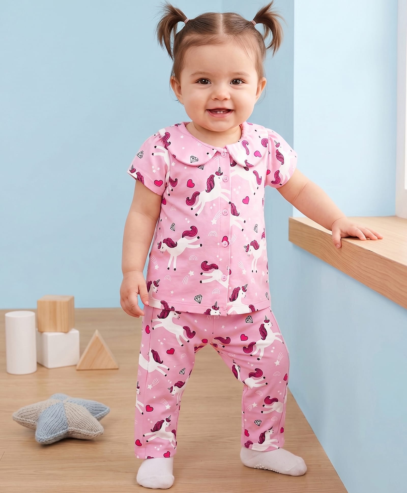 Doodle Poodle Single Jersey Knit Half Sleeves Shirt & Pyjama Night Suit With Unicorn Print - Pink-picture-1