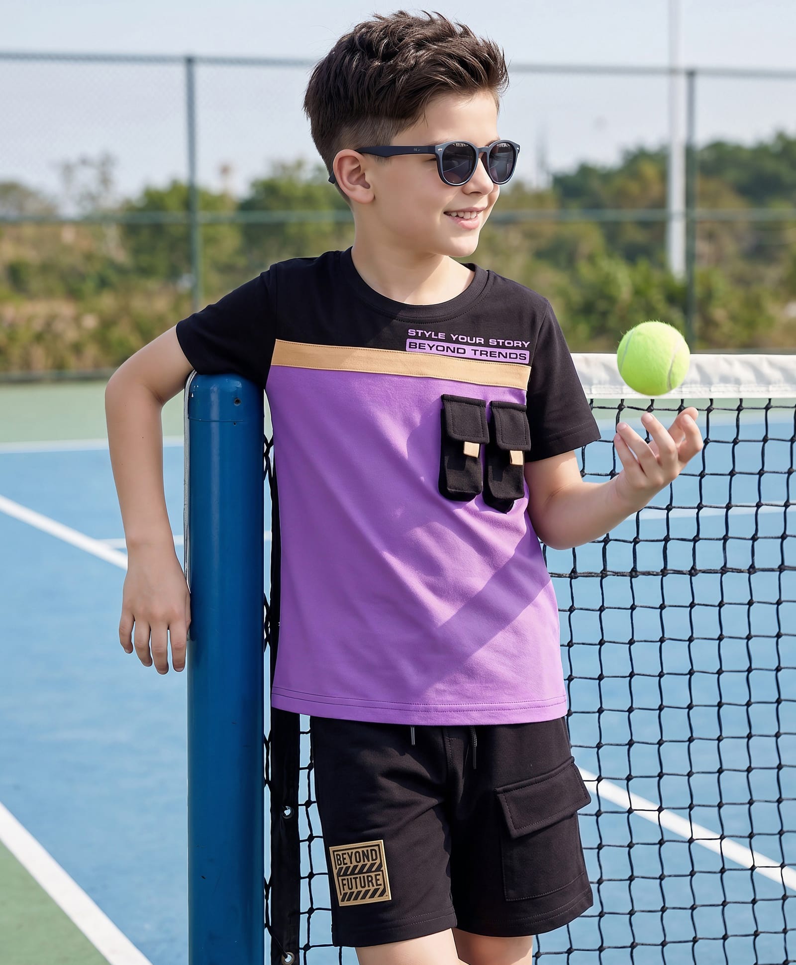 OLLINGTON ST. Cotton Knit Cut & Sew Printed Half Sleeves Drop Shoulder T-Shirt & Shorts Set -Multicolour-picture-12