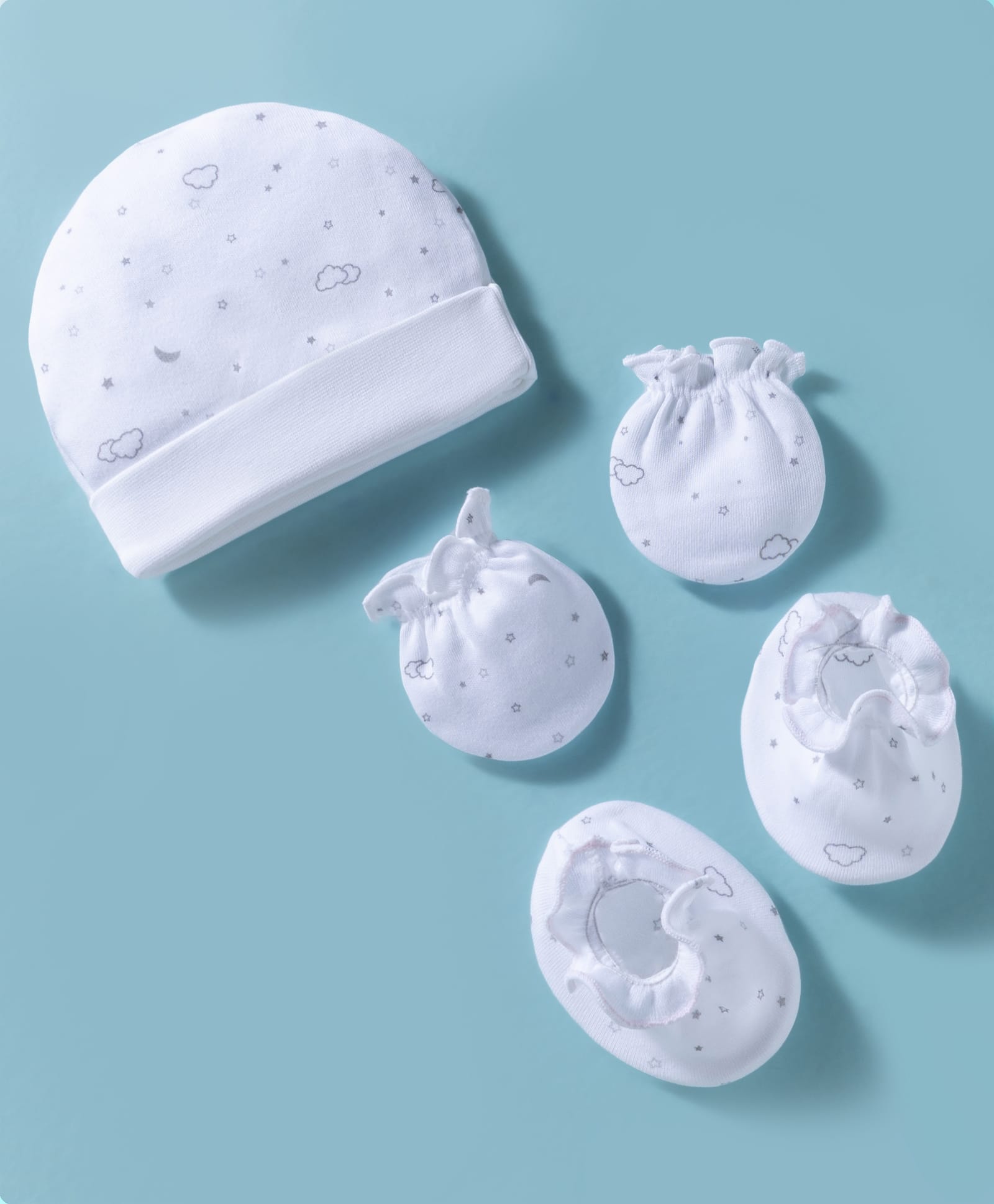 Bubble Pop Interlock Knit Cap Mitten & Booties With Clouds & Star Print White - Diameter 14 cm-picture-18