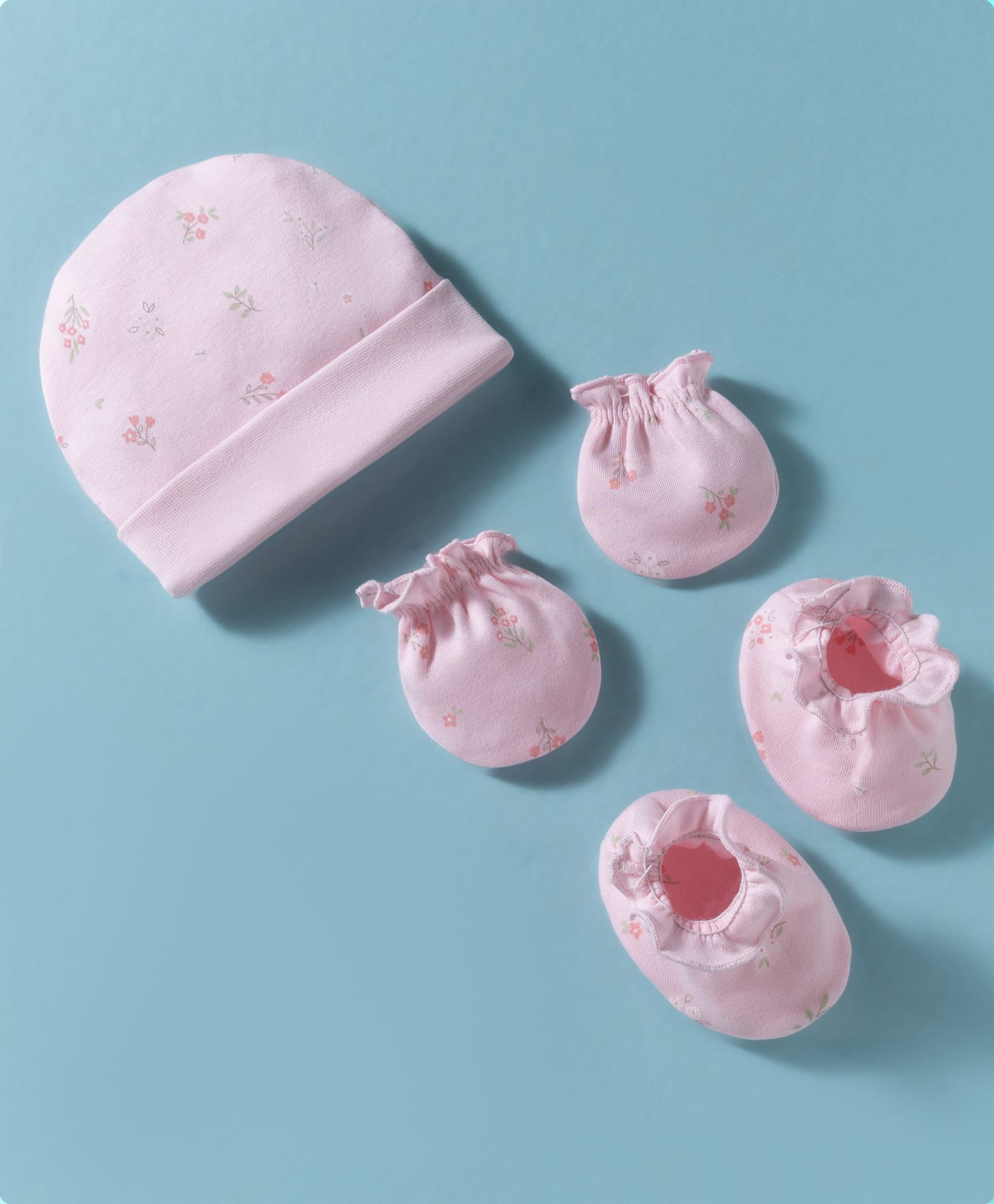 Bubble Pop Interlock Knit Cap Mitten & Booties Set With Floral Print Pink - Diameter 17 cm-picture-19