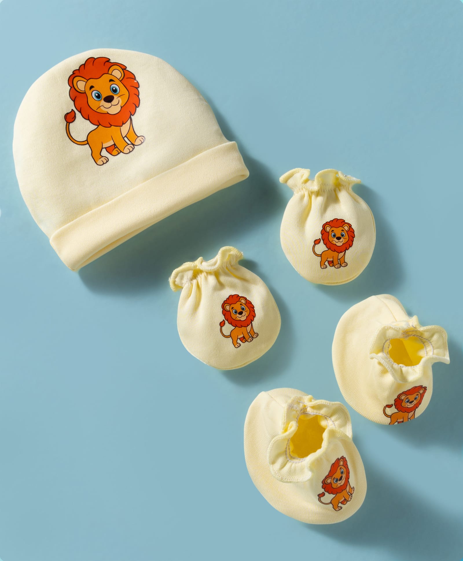 Bubble Pop Interlock Knit Cap Mitten & Booties Set With Lion Print Light Yellow - Diameter 17 cm-picture-7